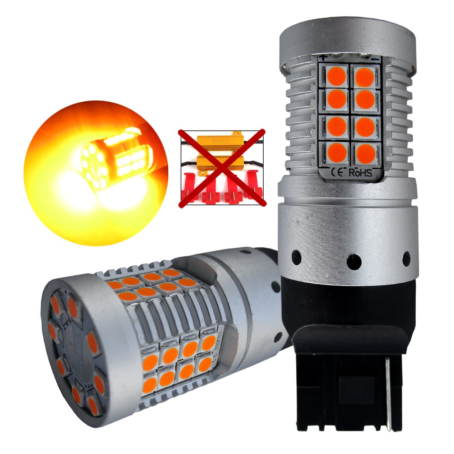 VehiCode Super Bright 5400 Lumens 21W 7440 (7440A/7440NA/T20/W21W/WY21W/7441) LED Light Bulb (Amber/Yellow) Built-in Resistor No Hyper Flash CanBus Error Free Replacement for Turn Signal Light