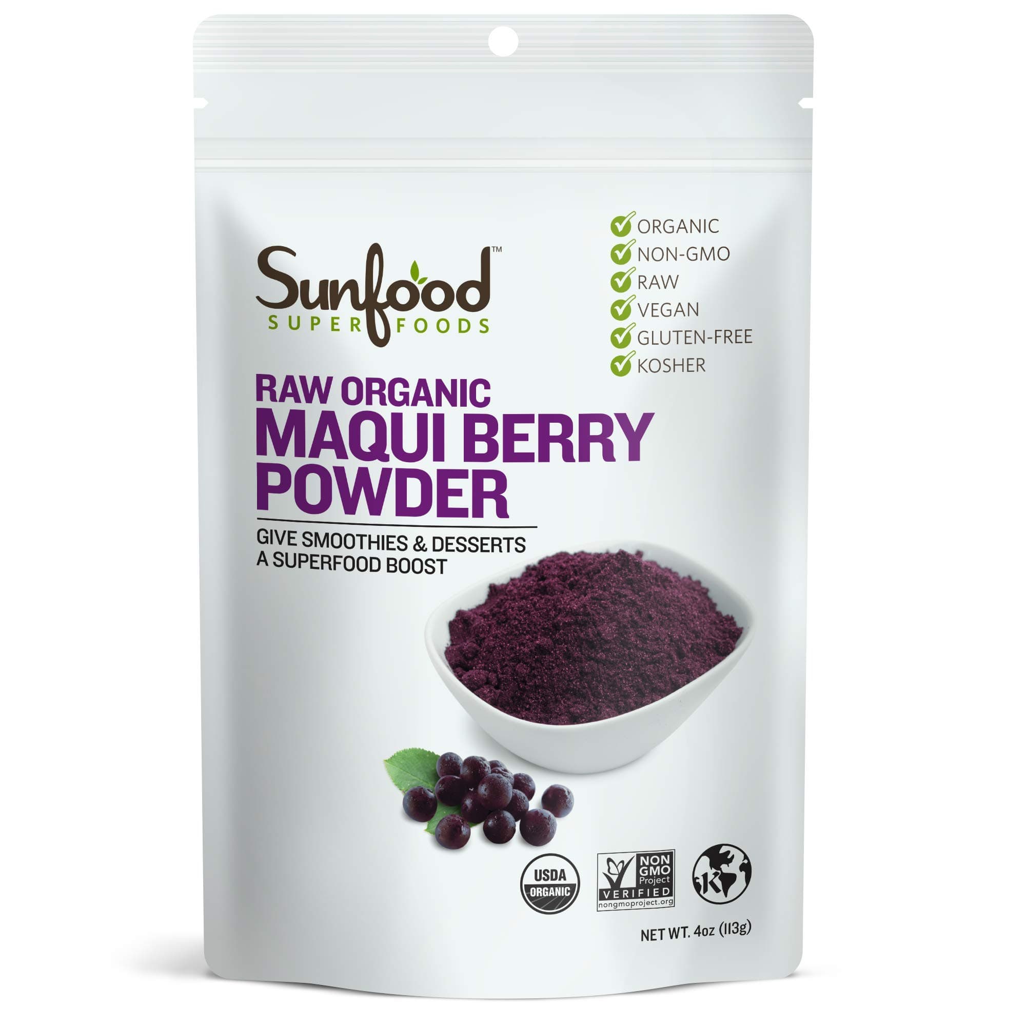 Sunfood Superfoods Raw Organic Maqui Berry Powder - Maqui Powder Organic, Maqui Berry Extract, Powder Berry Supplement, Freeze Dried, Perfect for Smoothies, Antioxidants, Energy - 4 Oz Bag