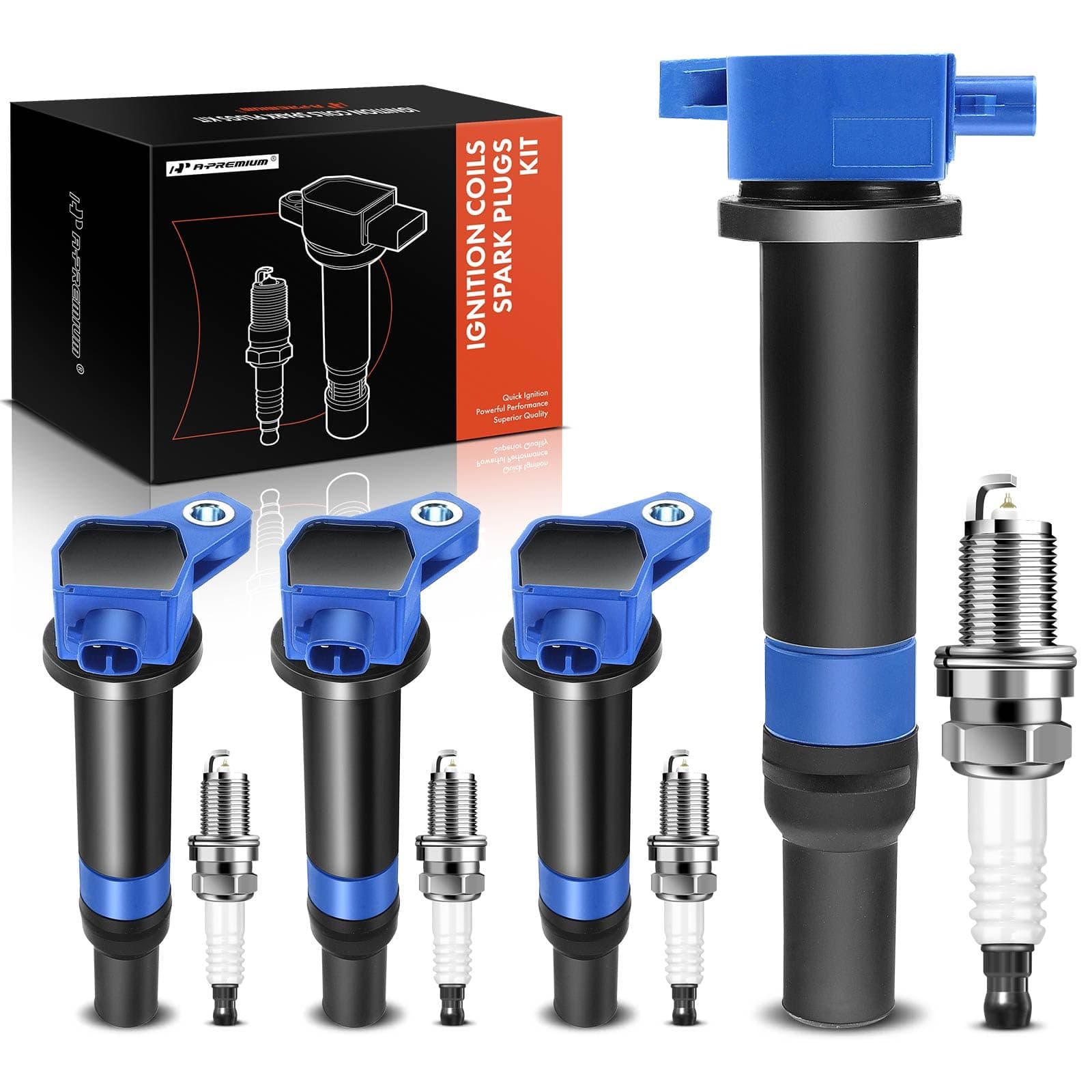 A-Premium Set of 4 Blue Ignition Coil Pack and Iridium Spark Plugs Compatible with Hyundai Accent 2006-2011 & Kia Rio Rio5 2006-2011, 1.4L 1.6L
