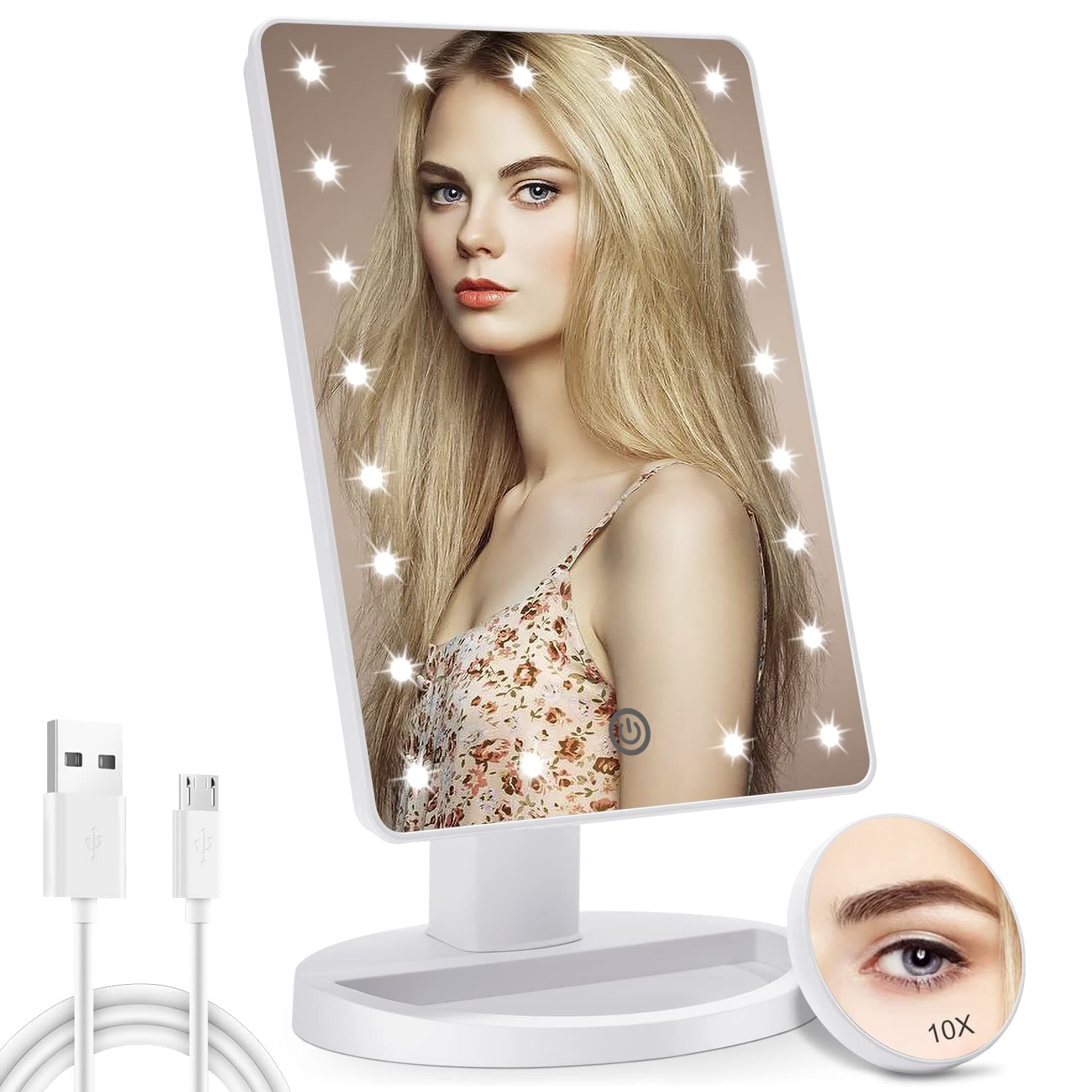 Lighted Makeup Vanity Mirror with 10X Magnifying Mirror, 21 LED Lighted Mirror with Touch Sensor Dimming, 180°Adjustable Rotation, Dual Power Supply, Portable Cosmetic Mirror (White)