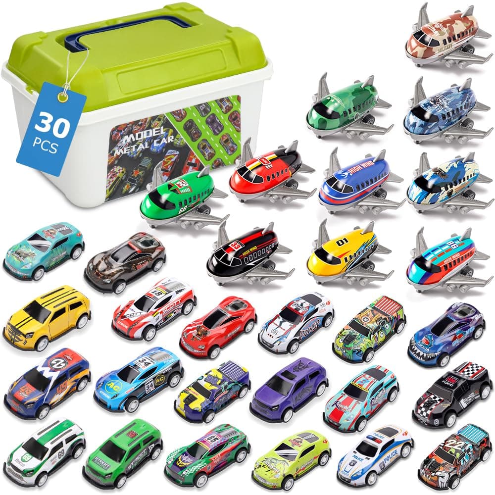 – 30 Pcs Pull Back Toy Cars & Planes Set with Storage Box, 20 Alloy Race Cars 10 Planes Mixed Vehicle Toys, Party Favors Toys, Goodie Bag Stuffers, Pinata Fillers, 3+ Years Old Kids Boys Girls Gift