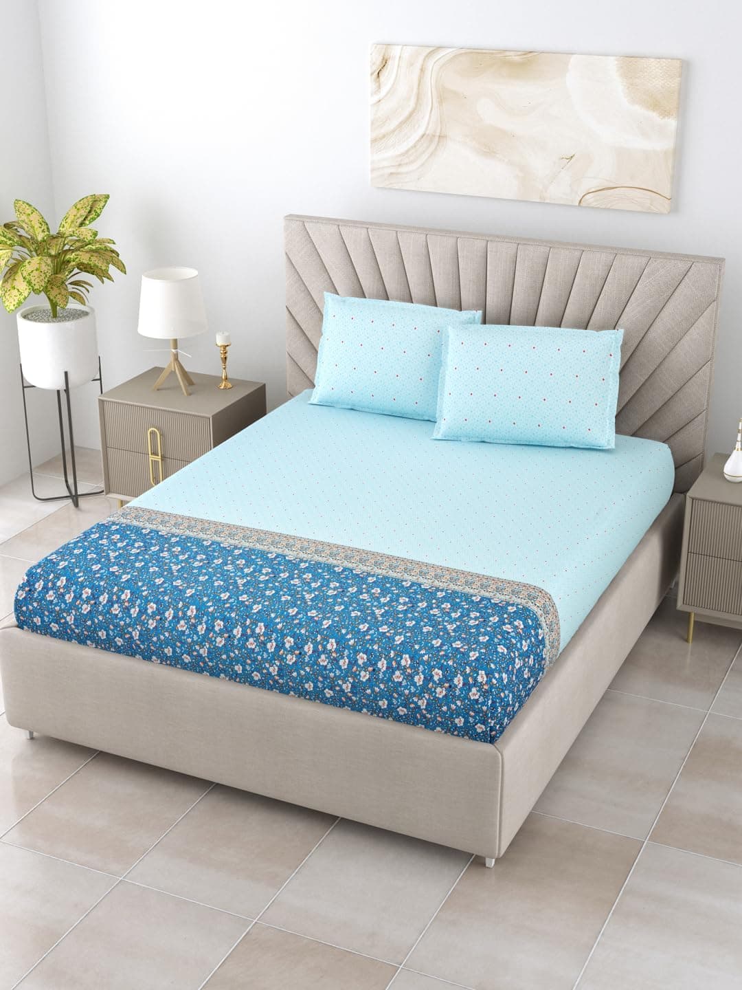 Bombay Dyeing King Size Bedsheet 220 TC Cotton Premium Bedsheet & 2 Pillow Covers - King Size - 274 X 274 Cms - Fade Less Colors - Blue