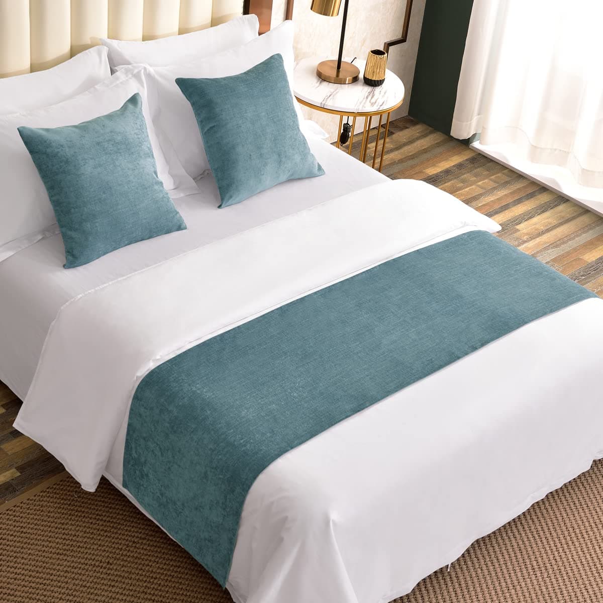 AMBERIS Bed Runner Blue, Chenille Soft No Fading Modern Bed Scarf (Pillowcases Sold Separately)