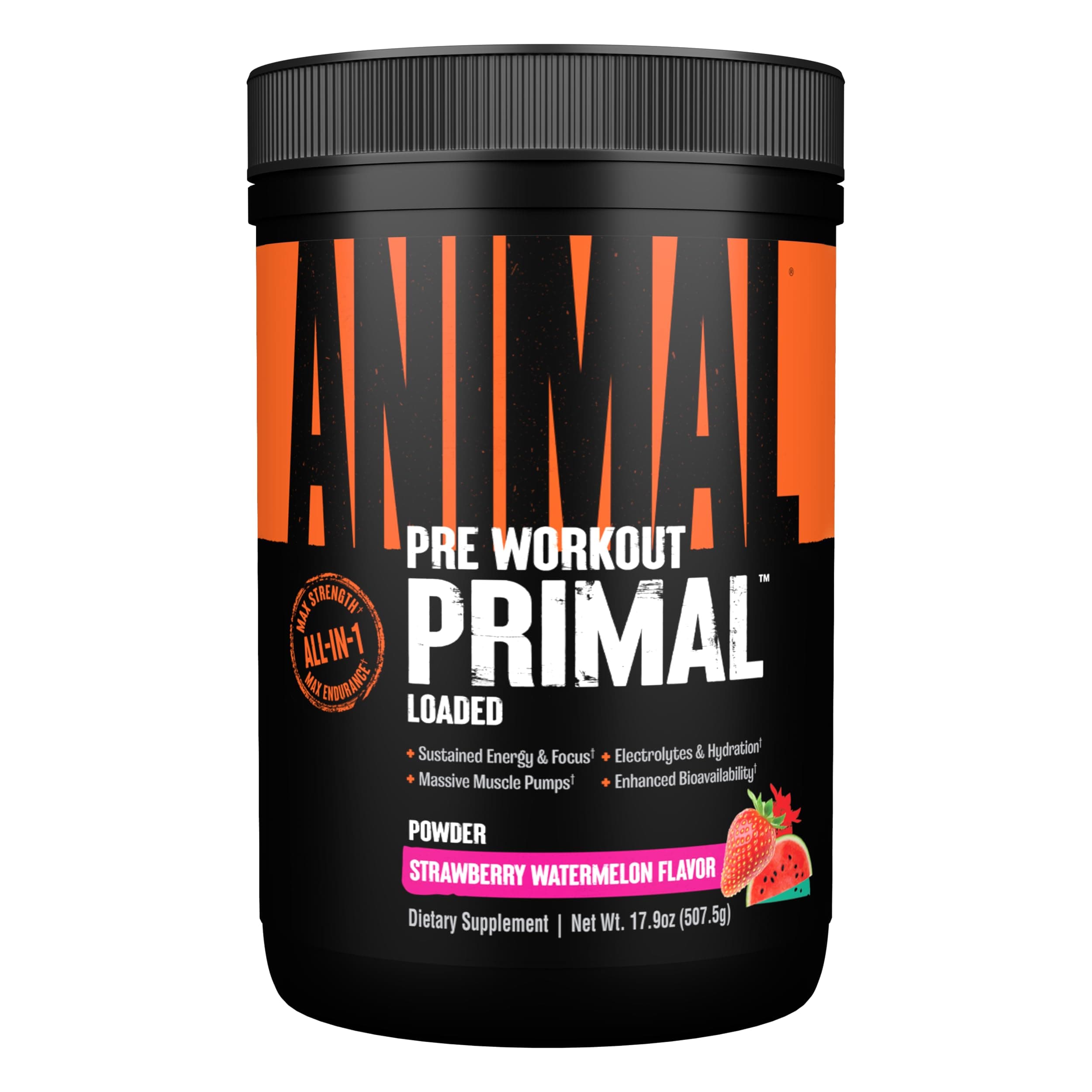 Primal Muscle Hydration + Preworkout Powder – Contains Beta Alanine, 3DPump, Caffeine & Electrolytes – Improves Energy, Focus, Endurance & Absorption – Strawberry Watermelon Flavor, 17.9 oz