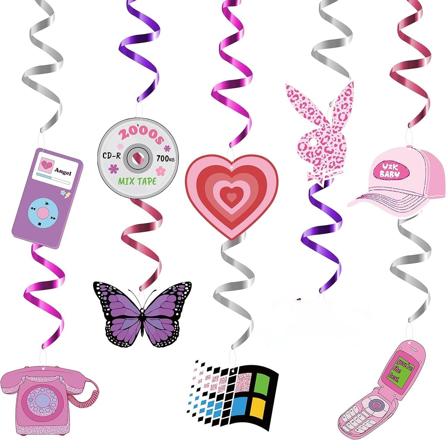 ANGOLIO Y2k 2000s Pink Hanging Swirl Party Decorations 30Pcs Spiral Decor Sweet Heart Cute Rabbit Ceiling Whirl Streamers Retro Y2k Spiral Party Favors for Birthday Girls Bachelorette