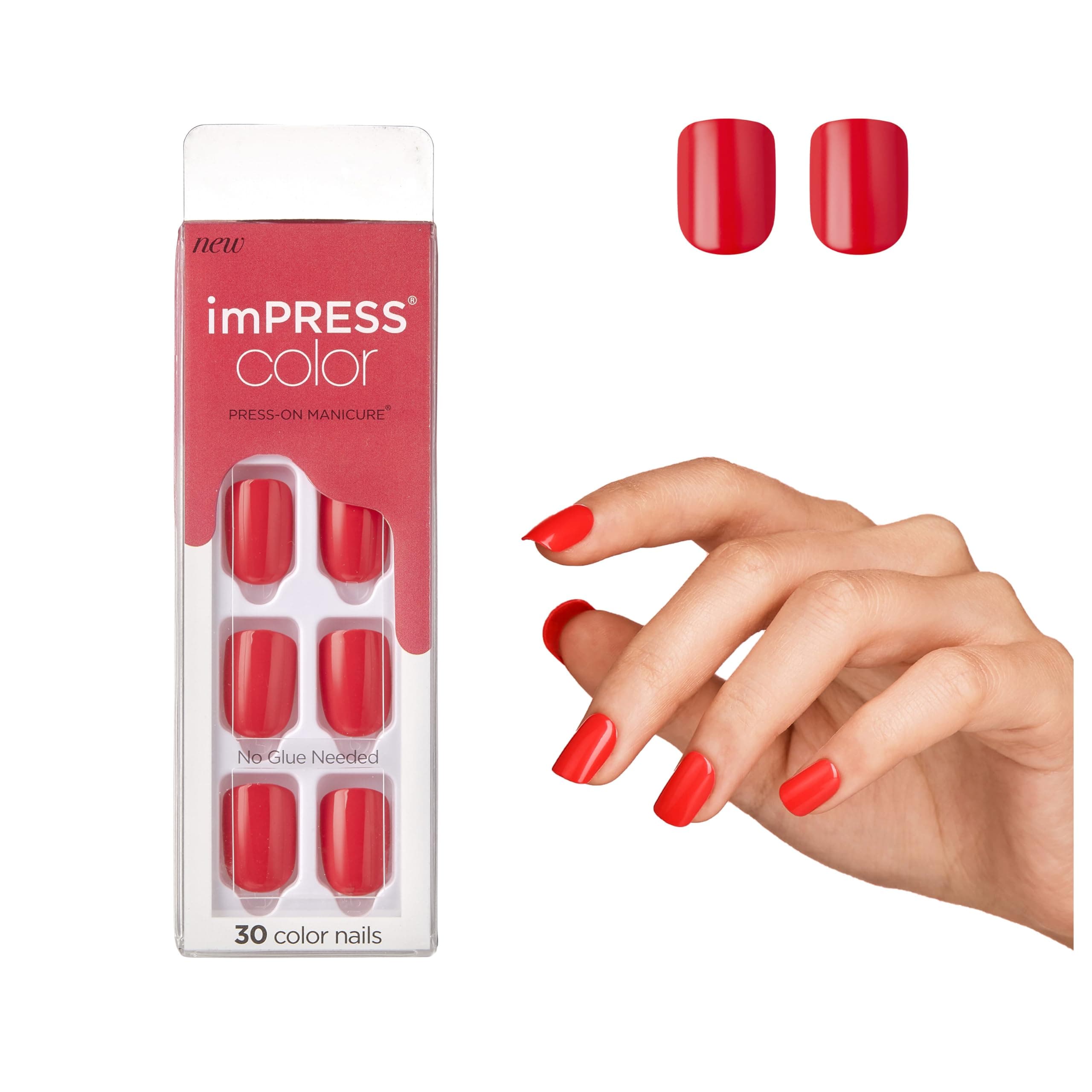 KISS imPRESS Color Press-On Manicure, Gel Nail Kit, PureFit Technology, Short Length, “Corally Crazy”, Polish-Free Solid Color Mani, Includes Prep Pad, Mini File, Cuticle Stick, and 30 Fake Nails