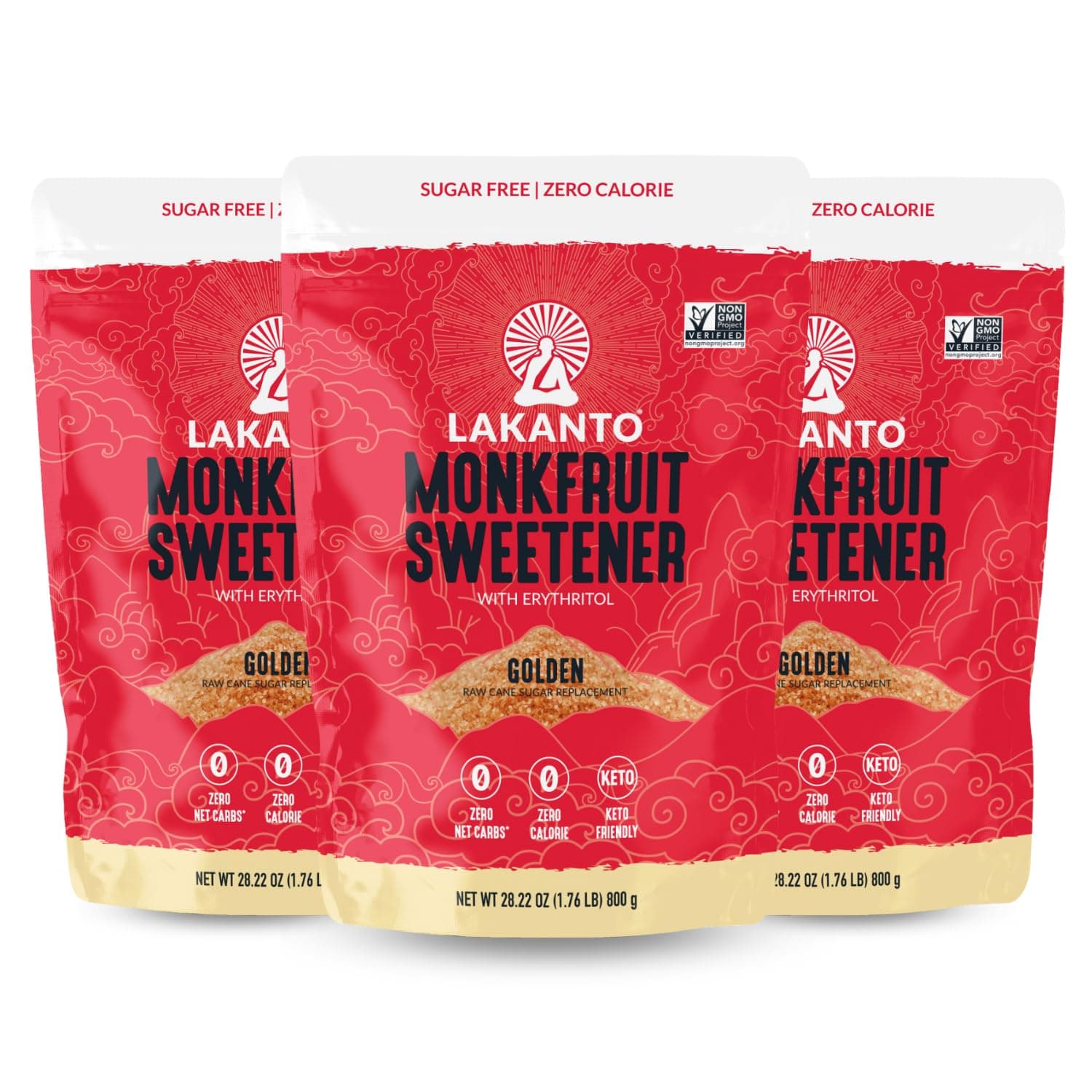 Lakanto Golden Monk Fruit Sweetener With Erythritol, Raw Cane Sugar Substitute, Monk Fruit Extract, Raw Sugar Replacement for Baking, Coffee & Tea, Gluten Free, Low Carb, Non GMO, Keto, 1.76 lb, 3 PK