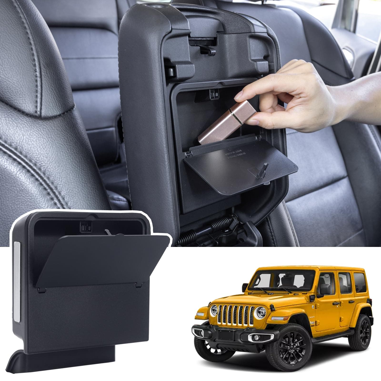 Center Console Hidden Organizer Box Compatible with Jeep Wrangler JL/JLU 4XE and Jeep Gladiator JT 2018-2023 2024 2025 Accessories Armrest Secret Compartment One-Touch Hidden Storage（Patent Design）