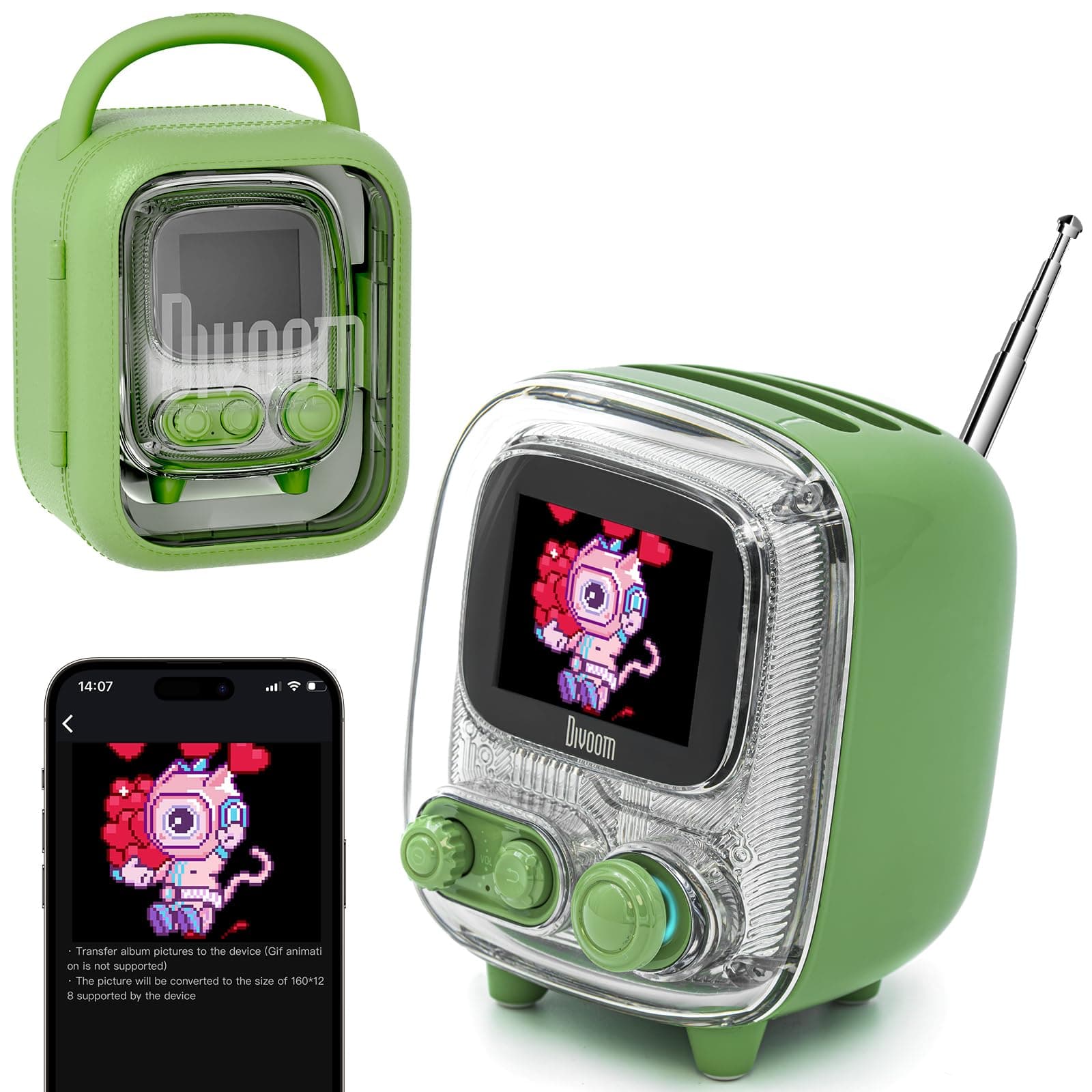 Tiivoo-2 Portable Bluetooth Speaker with FM Radio,Pixel Art Retro Mini Small Cute Wireless Speaker,Vintage Decor Suitable for Party Office Desk Home Bedroom Kitchen,Gifts for Women Men,Green