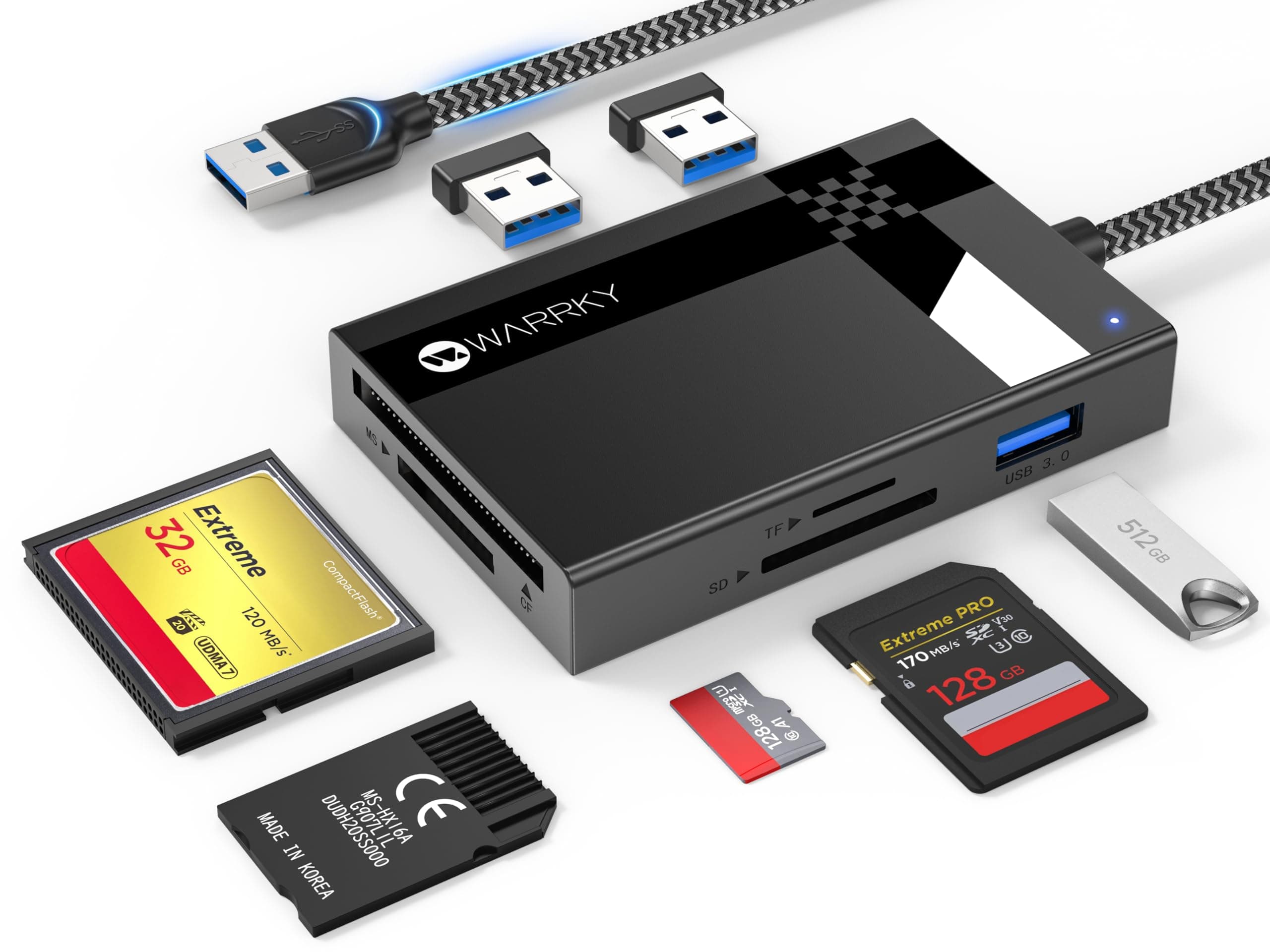 SD Card Reader USB 3.0, WARRKY [2.5FT Nylon Braided, Extra USB 3.0 Ports, 5Gbps] 7 in 1 Memory Card Reader, Micro SD Card Adapter for microSD, SDXC, SDHC, CF, MS, MMC, Micro SDXC/SDHC, UHS-I, More