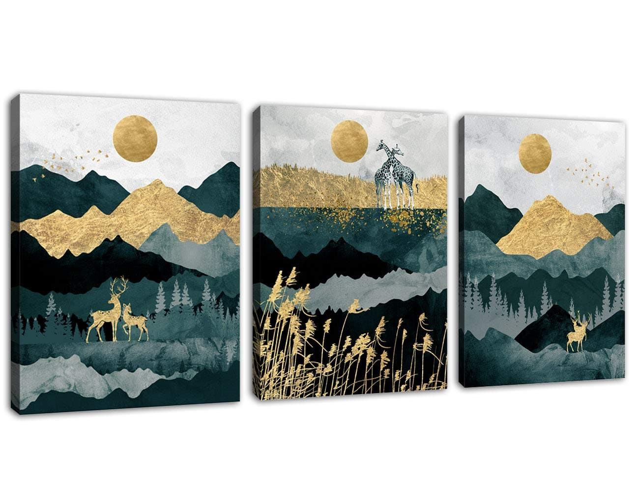 Abstract Wall Art Forest Mountain Canvas Wall Art for Bathroom Bedroom Nordic Style Modern Canvas Artwork Deer Giraffe Sunset Sunrise Canvas Pictures Daytime Framed Ready to Hang 12" x 16" x 3 Pieces