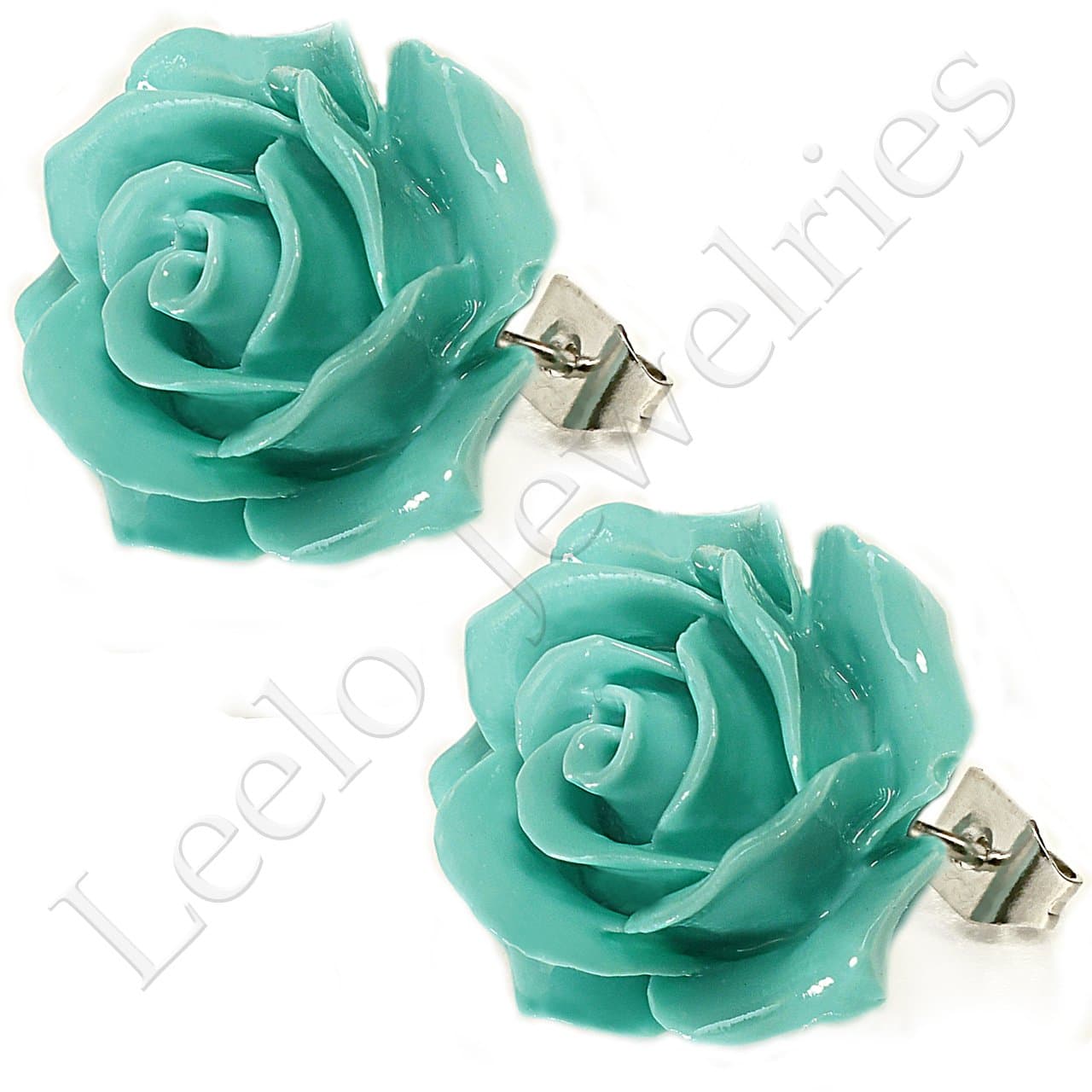 Coral Cyan Rose Stud Earrings