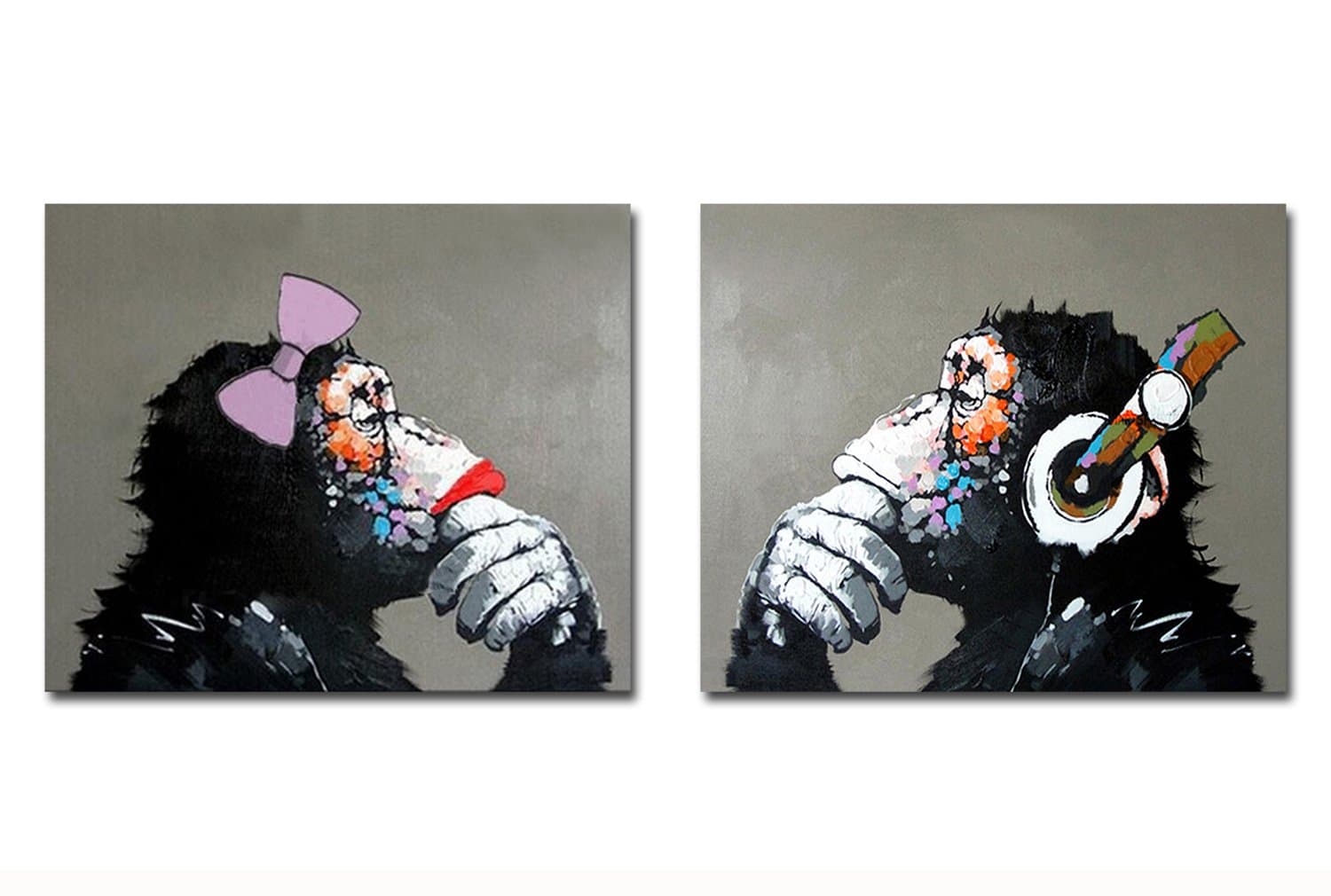 Hand Painted Oil Painting on Canvas Listening Music Pop Gorilla Couple Lover Wall Decor Framed Ready to Hang