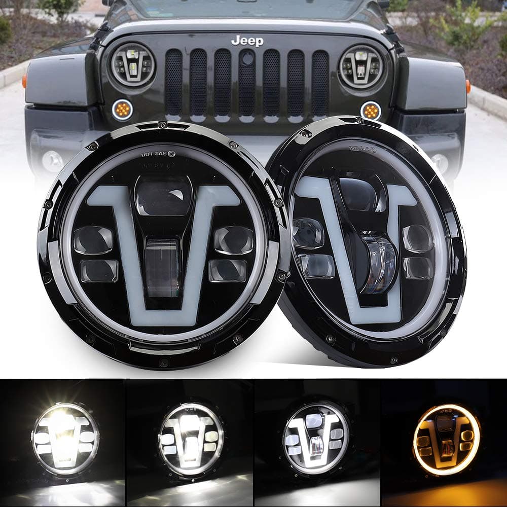 Headlights LED Halo 7 inch Headlights with Turn Signal Lights V Type DRL Hi/Lo Beam for Jeep Wrangler JK JKU CJ LJ TJ Hummer H1 H2 1 Pair