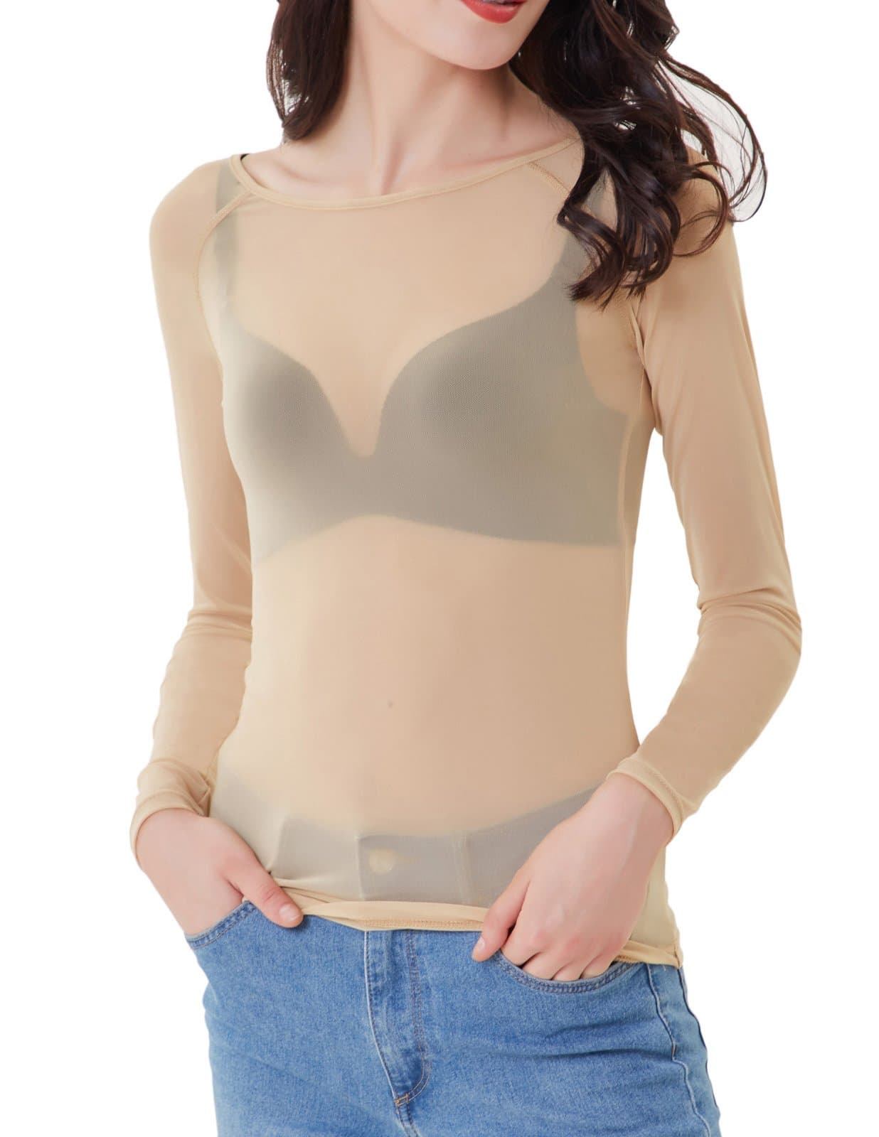 Women's Basic Long Sleeves Mesh Sheer Tops