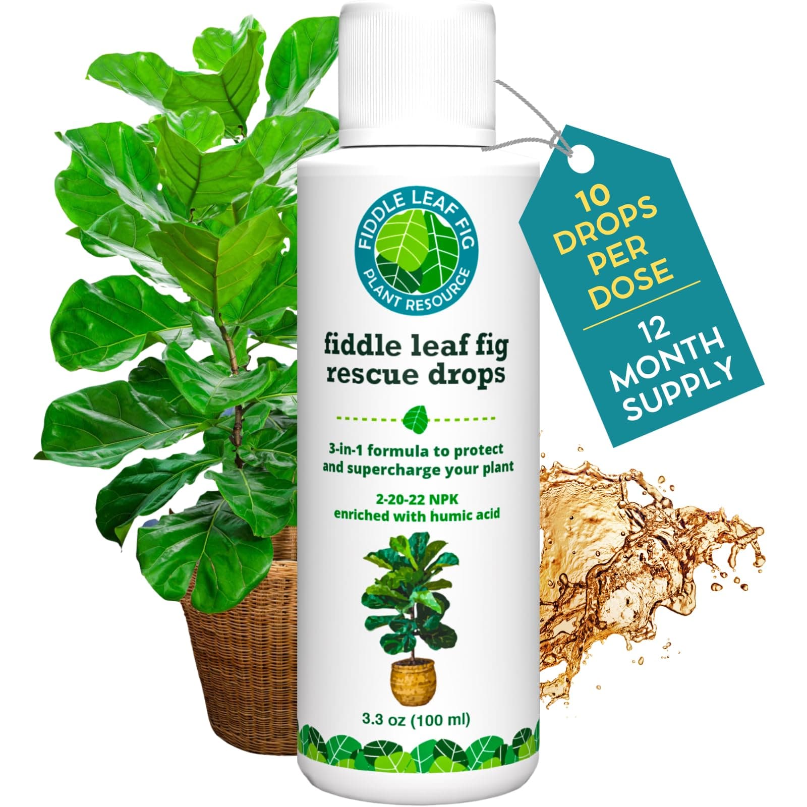Fiddle Leaf Fig Rescue Drops – Treats Root Rot, Brown Spots, Leaf Drop & Stress | Immune Boosting Liquid Formula Concentrate | Easy to Use | Safe for All Tropical Plants | 3.3 oz | Made in USA