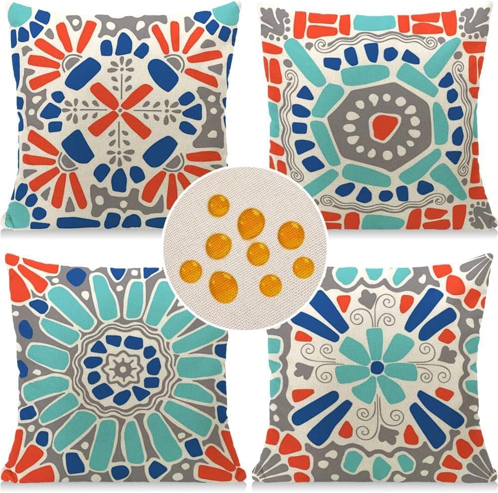 Weldomcor Waterproof Cushion Cover 18x18 inch Set of 4 Outdoor Throw Pillow Covers Mordern Bohemian Decorative Pillow Cases Decorations for Patio Garden Porch Bench Sofa Indoor Living Room Bed Chair