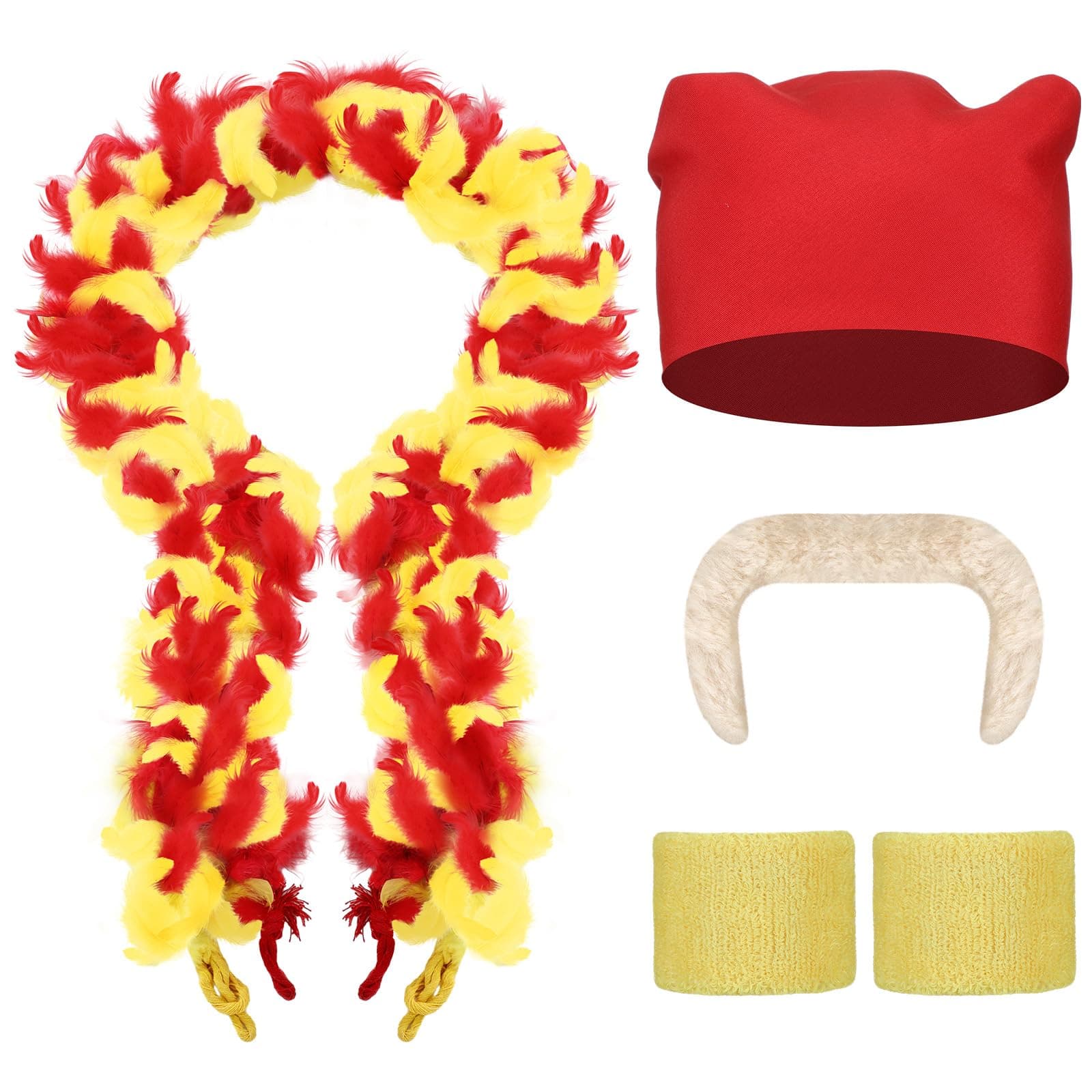 5 Pieces Halloween Costume Kit Includes Yellow and Red Feather Boa Fake Mustaches Red Bandana Tennis Wrist Sweatbands for Adult Halloween Cosplay Party Decoration
