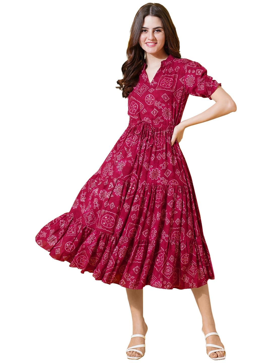 flowervellyDress for Women Printed Midi Dress with V-Neck, Puffed Sleeves