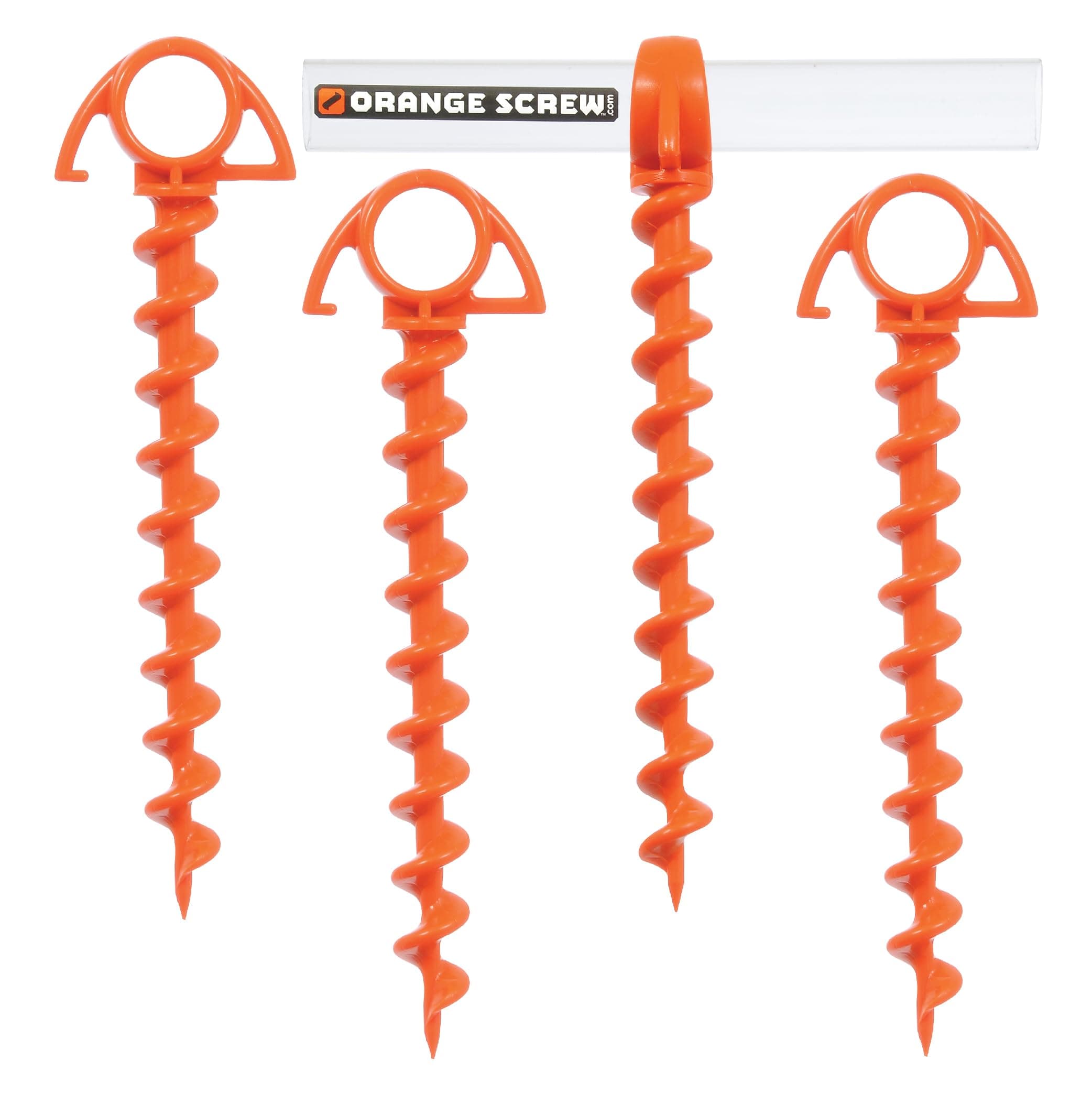 Orange Screw Ultimate Ground Anchors: Heavy Duty Screw-in Tent Stakes for High Wind, Sand, Canopies, and Camping - Made in USA, 100% Recycled, Included T-Grip Tool - (Small, 4 Pack)