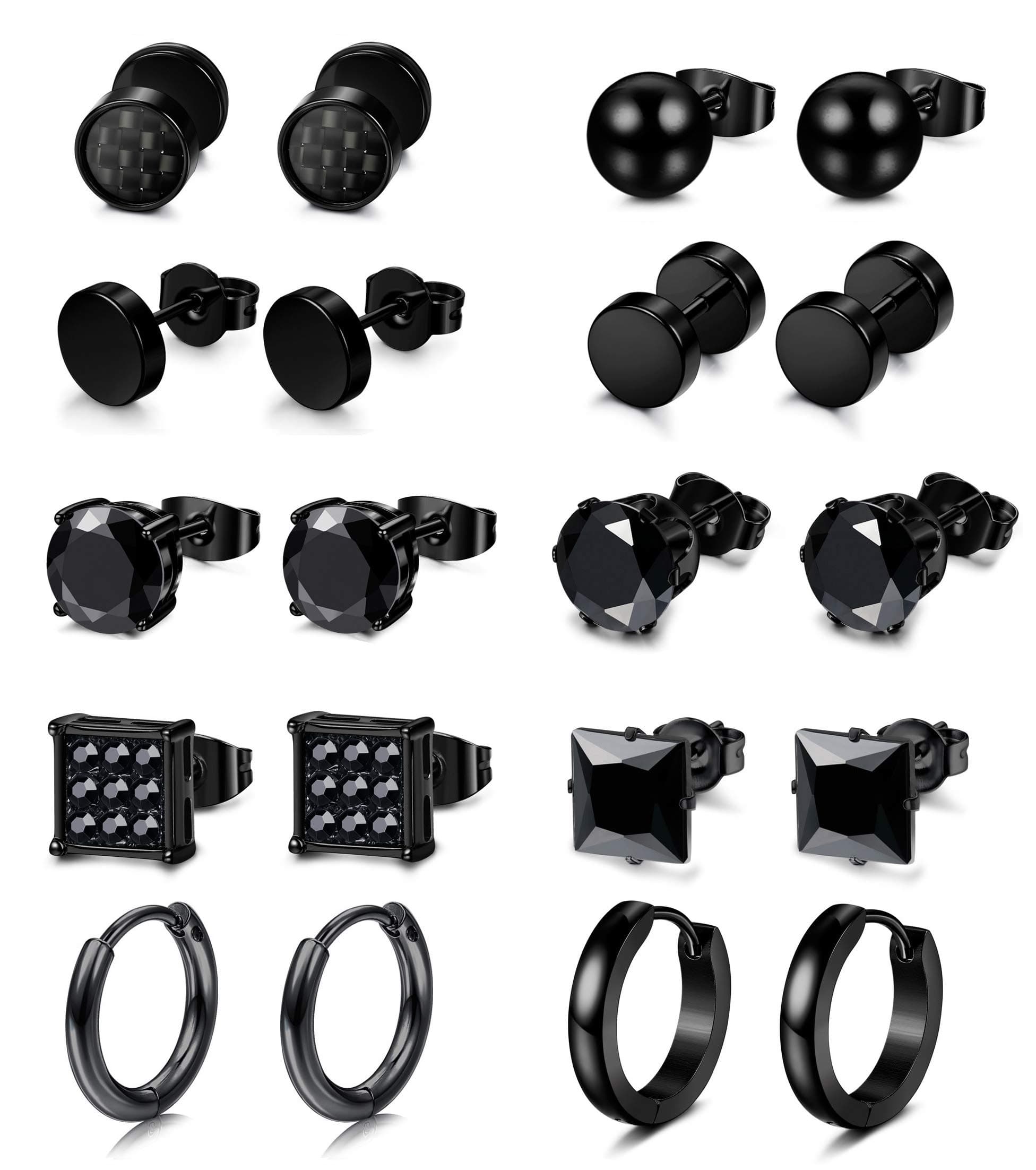 Hanpabum 18g-20g 10 Pairs Stainless Steel Stud Earrring for Men Barbell 6mm Round Cut CZ Black Endless Hoop Earrings, 6mm~13mm