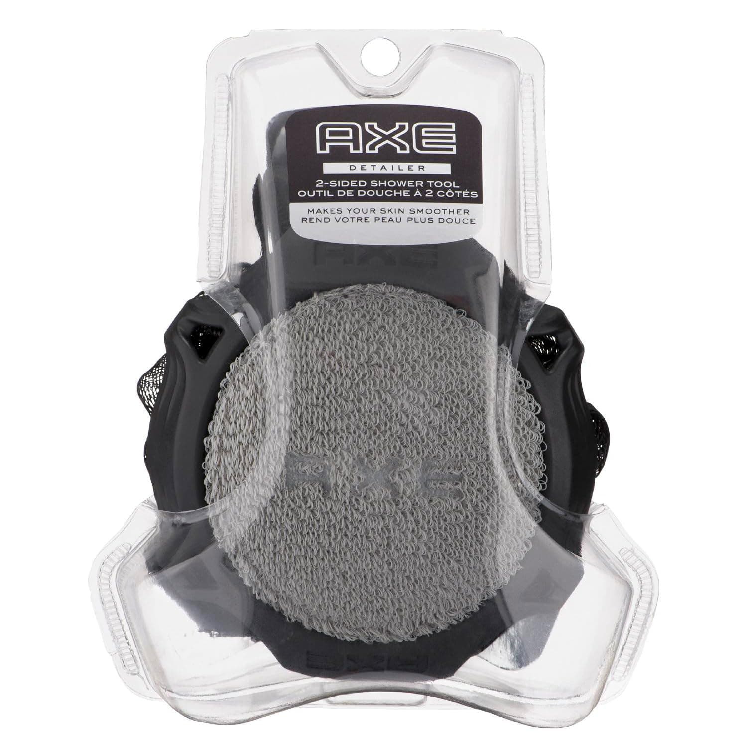 AXE Mens Shower Scrubber Tool, 2-Sided Detailer, Gray Color, Mesh Side for Lathering, Exfoliator for Smoothing Dry, Rough Skin