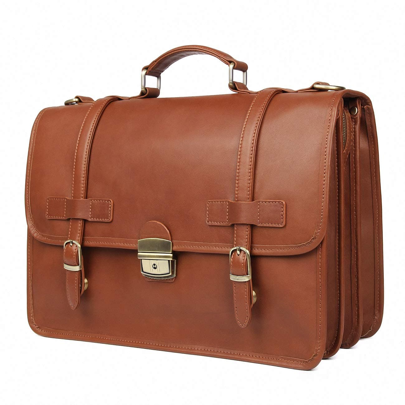 Augus Genuine Leather Briefcase Messenger for Men Business Travel Duffle Laptop Flapover Bag Fit 14 inch Laptop