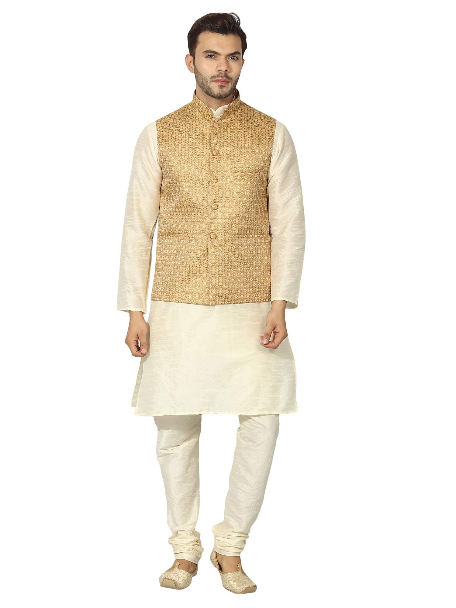 Uri and MacKenzie Men's Off-White kurta pyjama set with Ethnic Nehru jacket