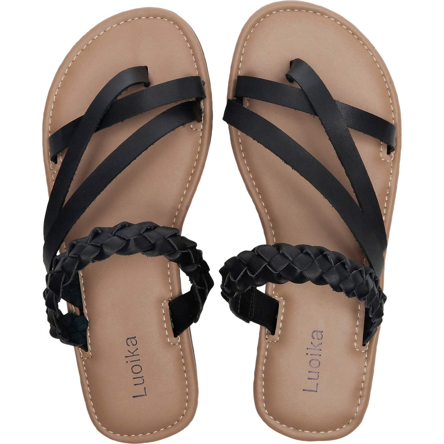 Women's Wide Width Slide Sandals - Slip On Flat Braided Strap Open Toe Summer Shoes.(181235,Black,6)