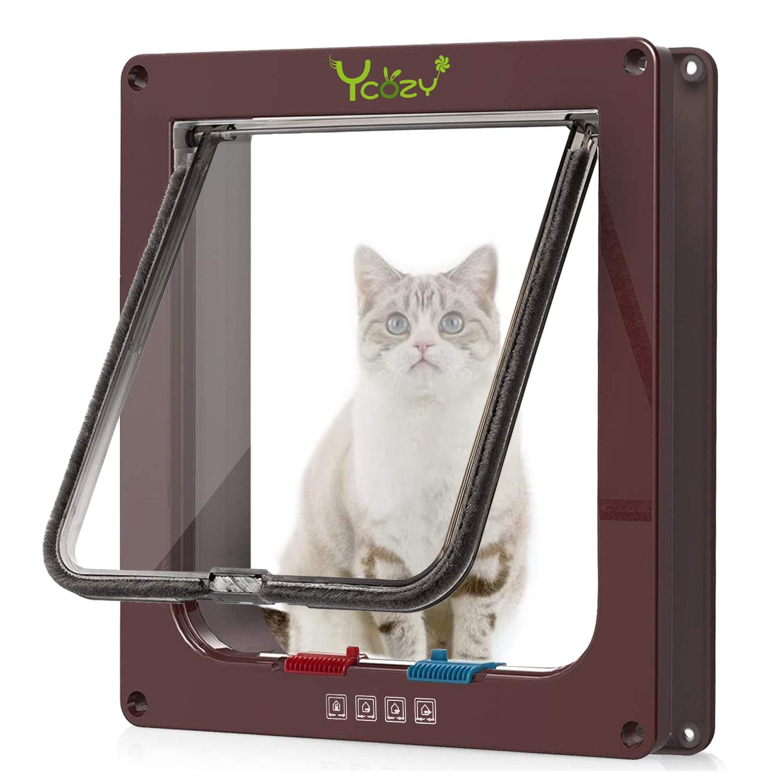 Ycozy Medium Cat Doors Outer Size 7.8" x 7.5" 4-Way Locking Indoor Pet Door for Interior Exterior Door Wall Window, Weatherproof Cat Flap for Kittens & Dogs Easily Install