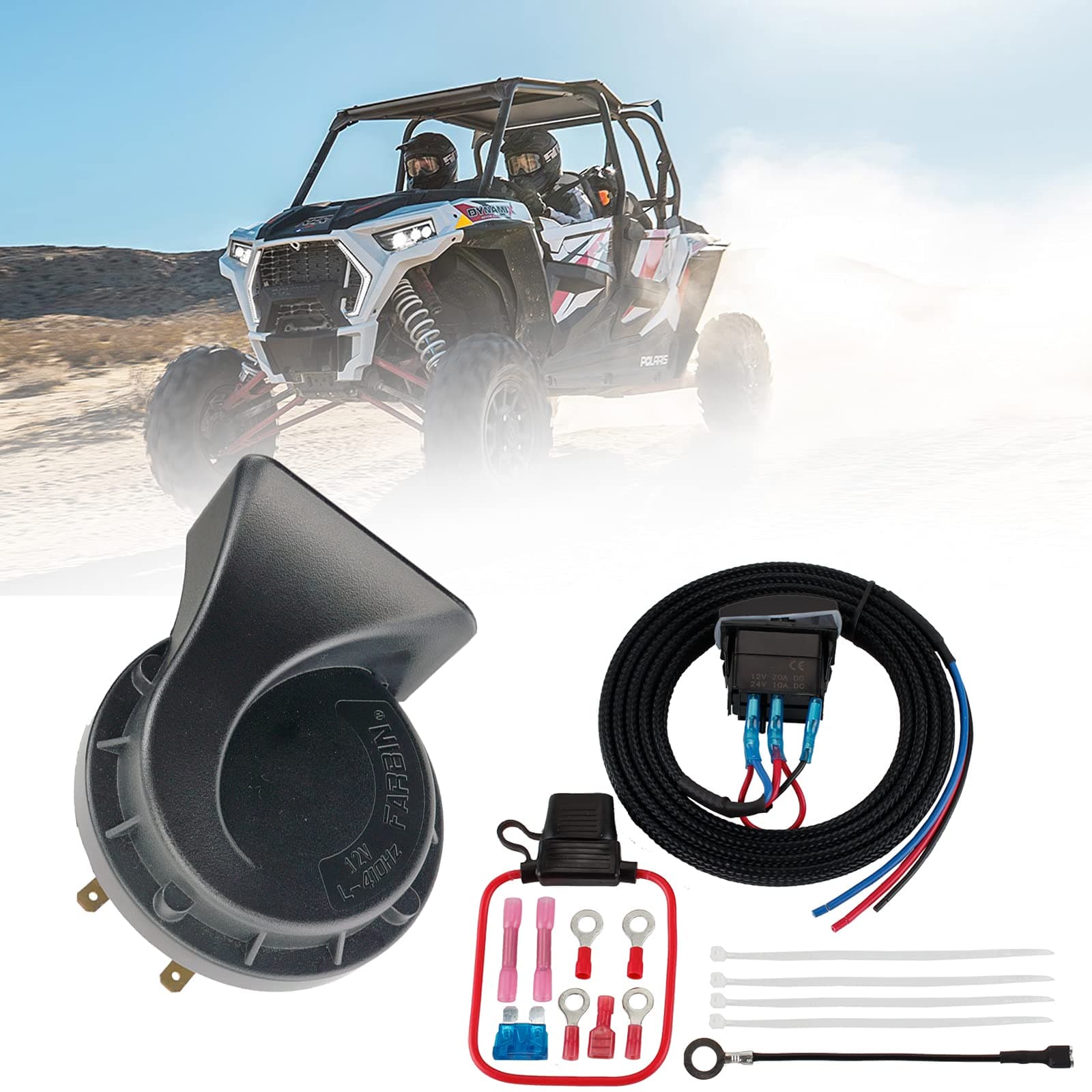 FARBINFARBIN UTV Horn Kit with Wire harness and Rocker Switch Led Light for Polaris RangerRZR Golf Cart, Can-Am Maverick Kawasaki Motorcycles Side by Side Dune Buggy Sportsman Sand Rail etc.