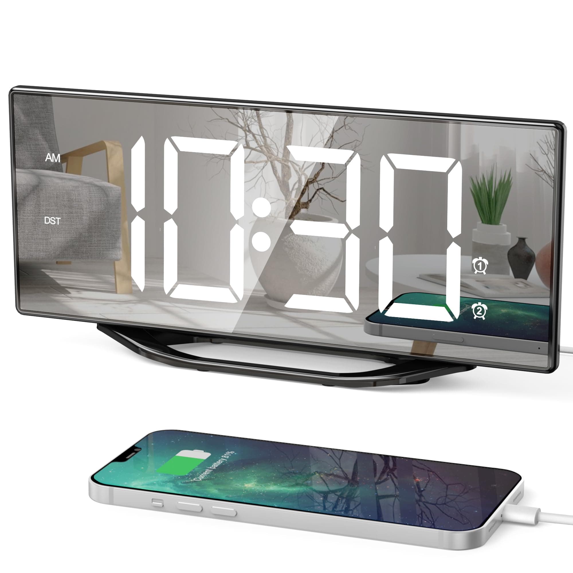 8.7” Mirror Digital Alarm Clock for Bedroom, LED Digital Clock Large Display with Battery Backup, 2 USB Charger Ports, Dual Alarms, 8 Dimmer & 7 Volume, Aesthetic Slim Clock for Desk Modern Decoration