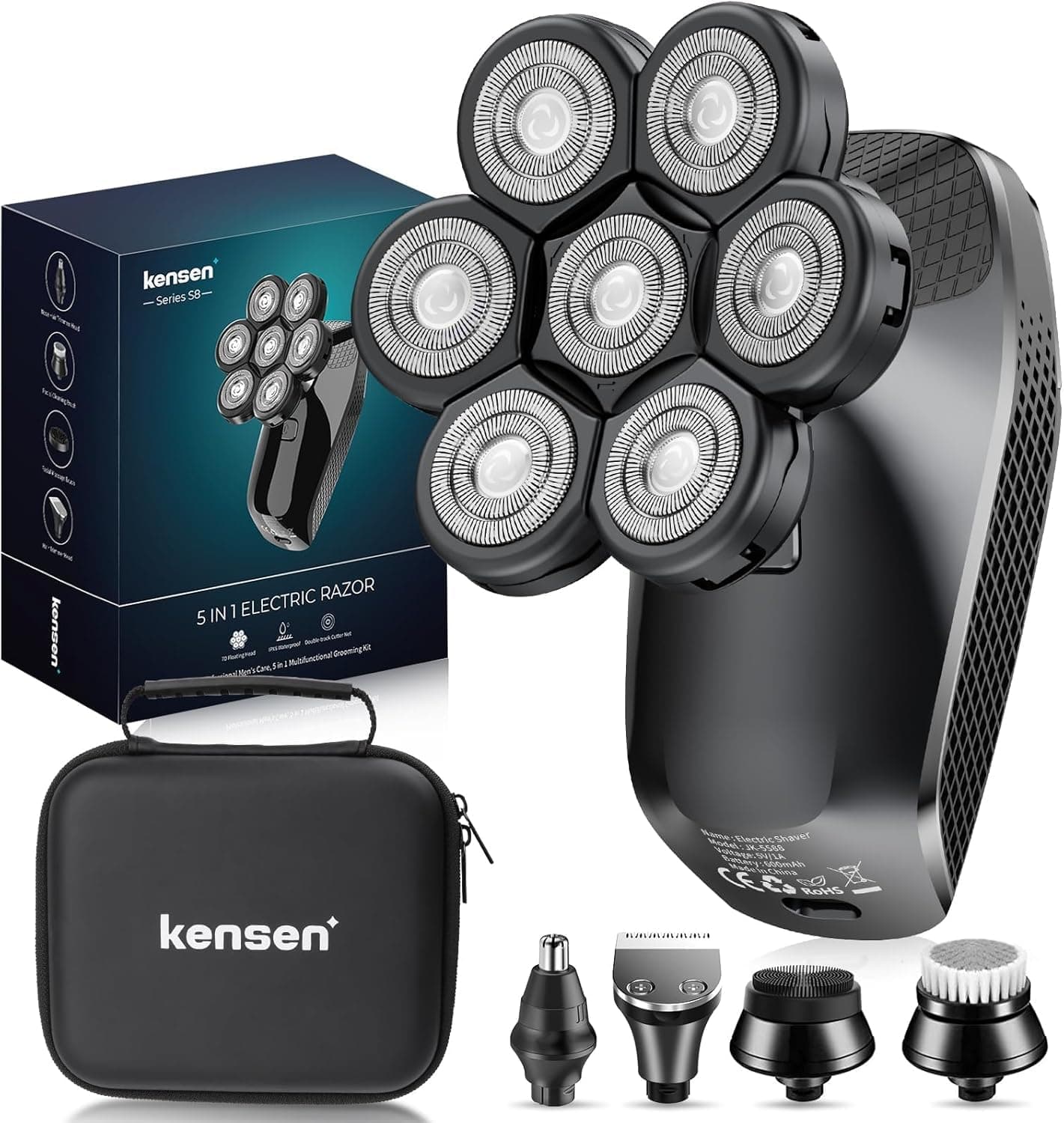 5 in 1 Bald Men's Electric Head Shaver, 7D Floating Heads, USB Charging, LED Display, Waterproof, Black