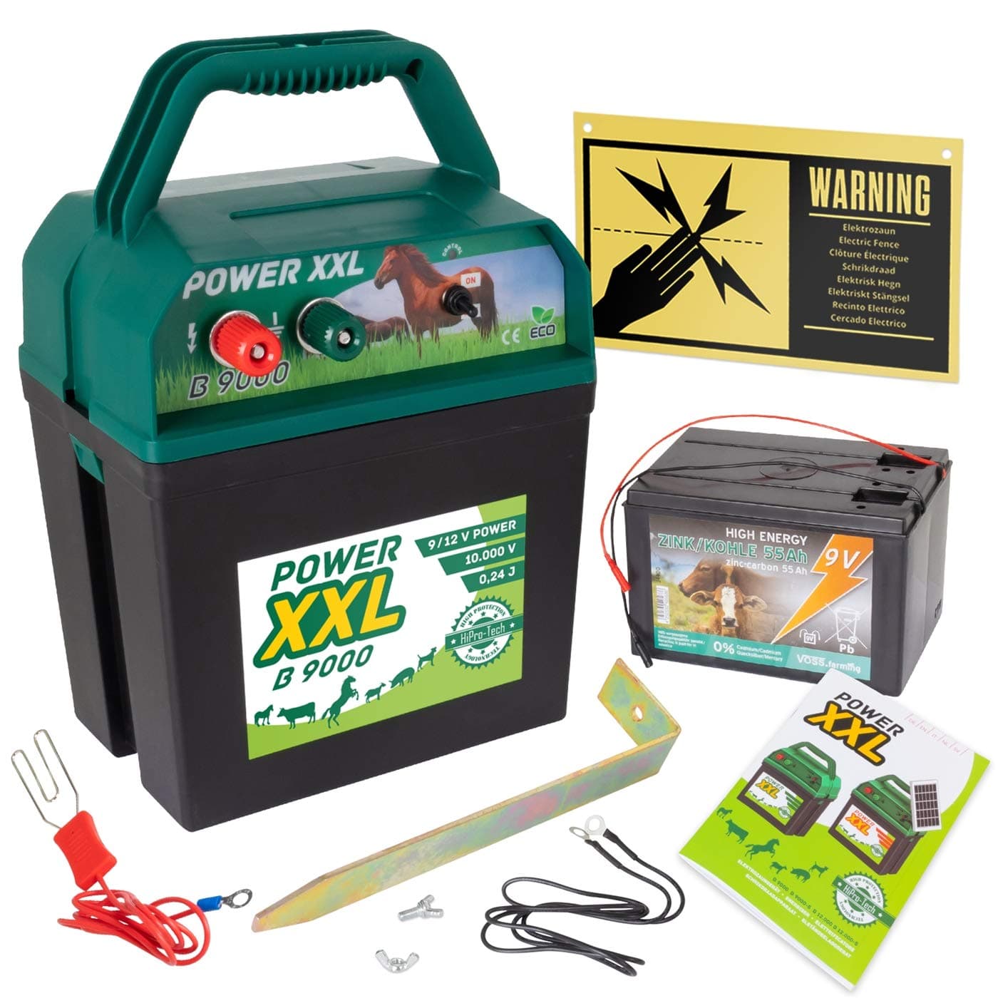 Power XXL "B 9.000" - 9V / 12V Energiser | 0.24 J, 10000 V | incl. 9V Battery 60Ah + Warning Sign | Real Power for Little Money | for Fences up to 3.5 km