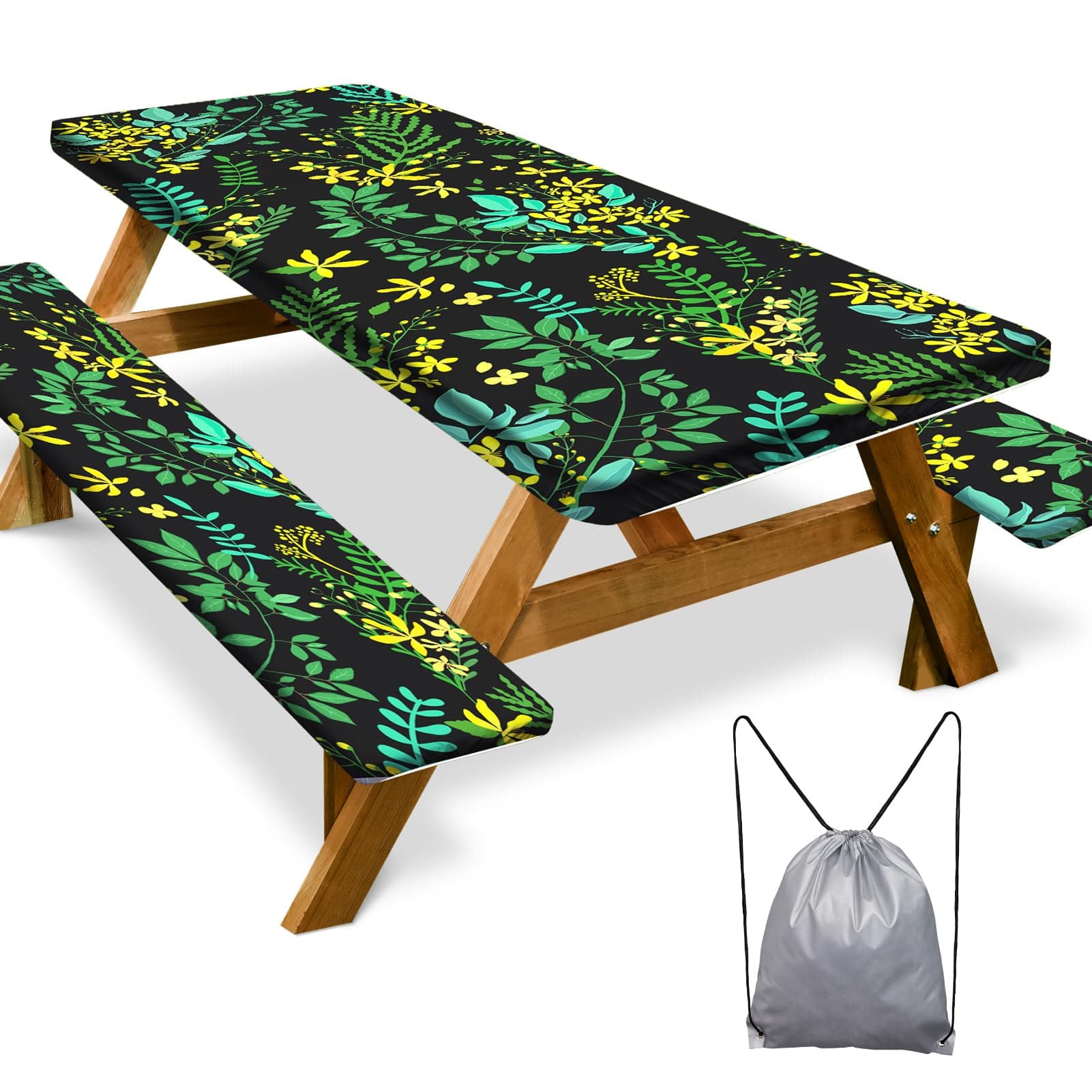 Play TailorPicnic Table Cover with Bench Covers 3 Pcs Waterproof Windproof Aesthetic Camping Tablecloth with Drawstring Bag, Fitted for 6 Foot Rectangle Tables and Seats, Black with Yellow Flowers