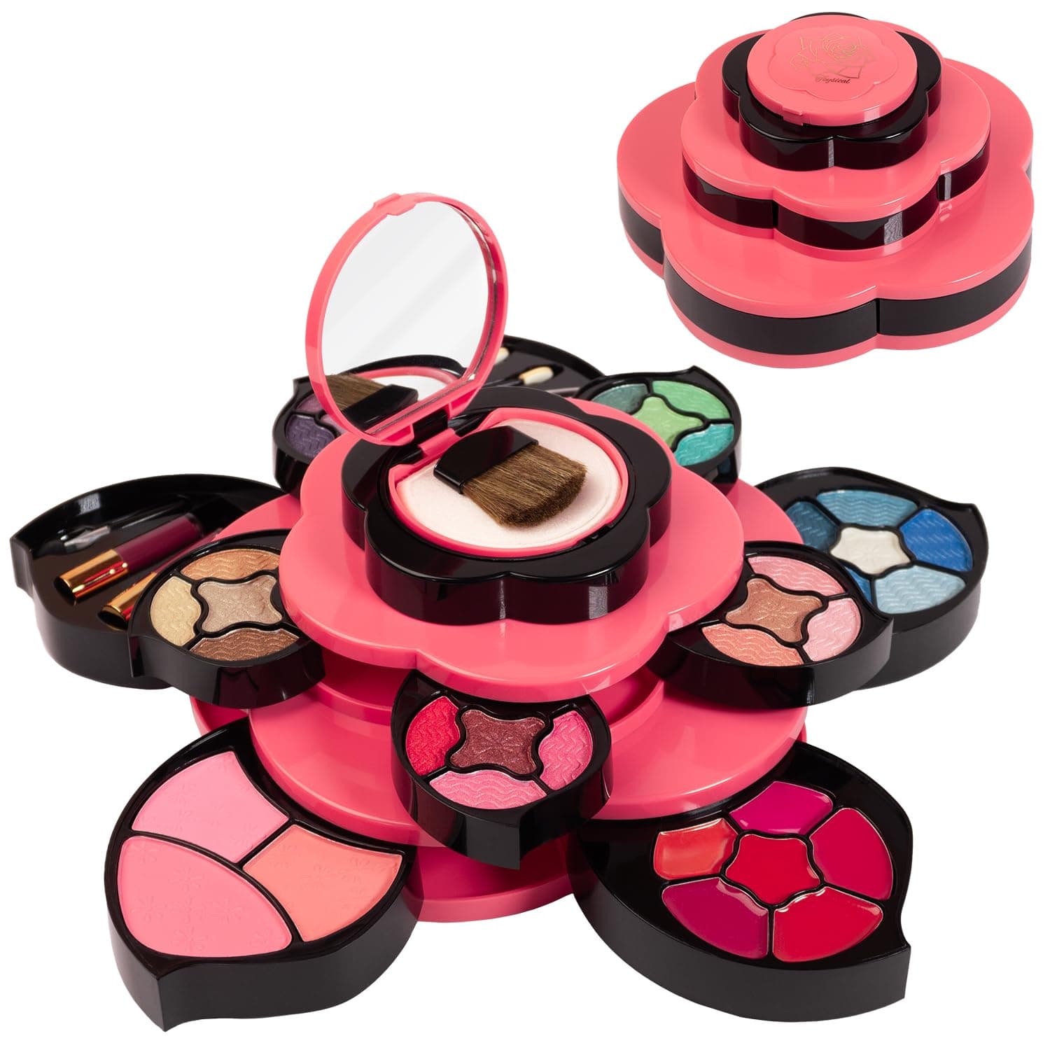 Makeup Kits for Teens - Flower Make Up Pallete Gift Set for Teen Girls and Women - Petals Expand to 3 Tiers -Variety Shade Array - Full Starter Kit for Beginners or Cosplay