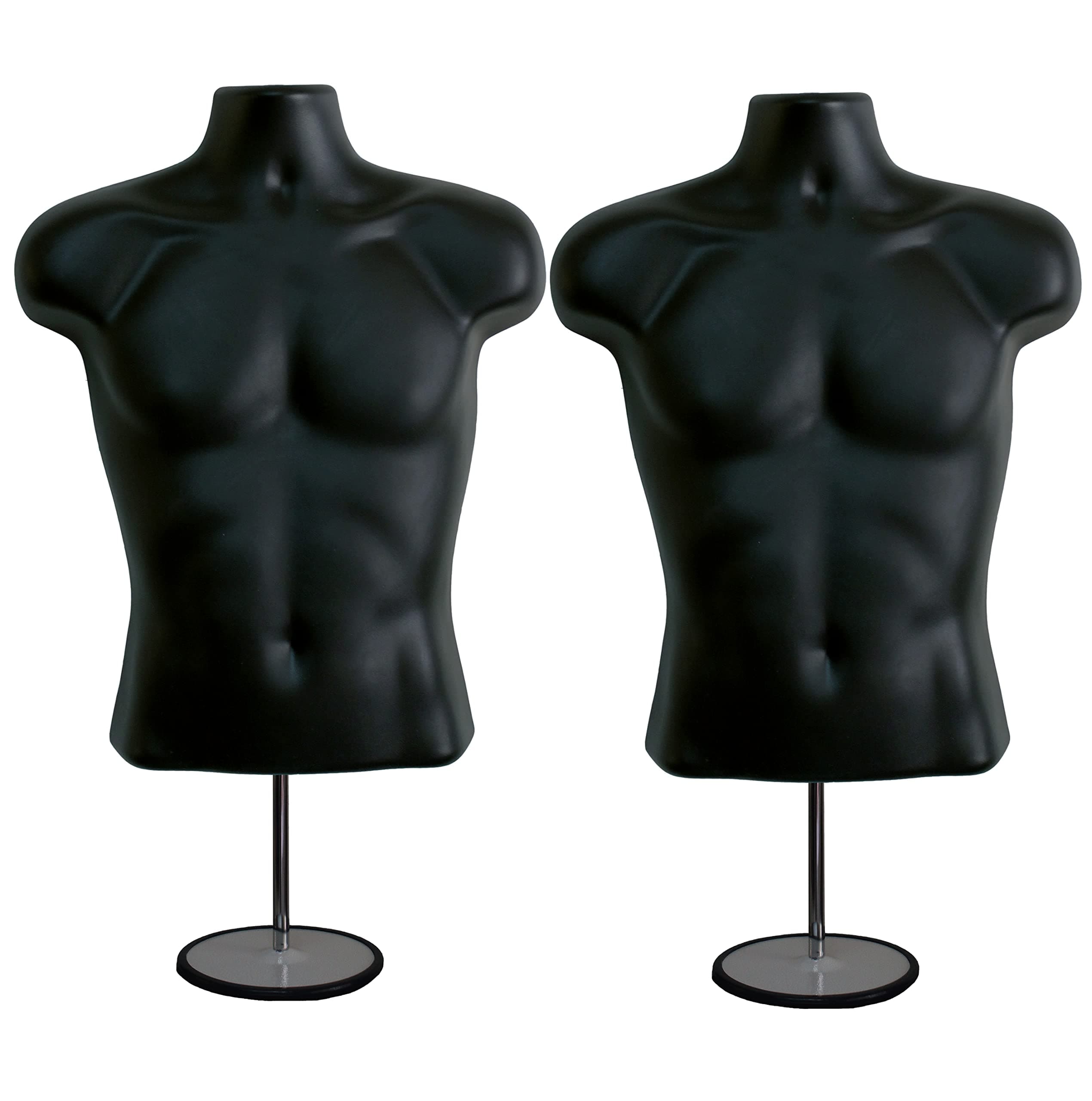 DisplayTown Male Mannequin Torso with Metal Stand Hollow Back Body Stackable Dress Form for Tshirt Display, Countertop, Craft Shows, Photos and Design, S-M Clothing Size (Black, Set of 2)