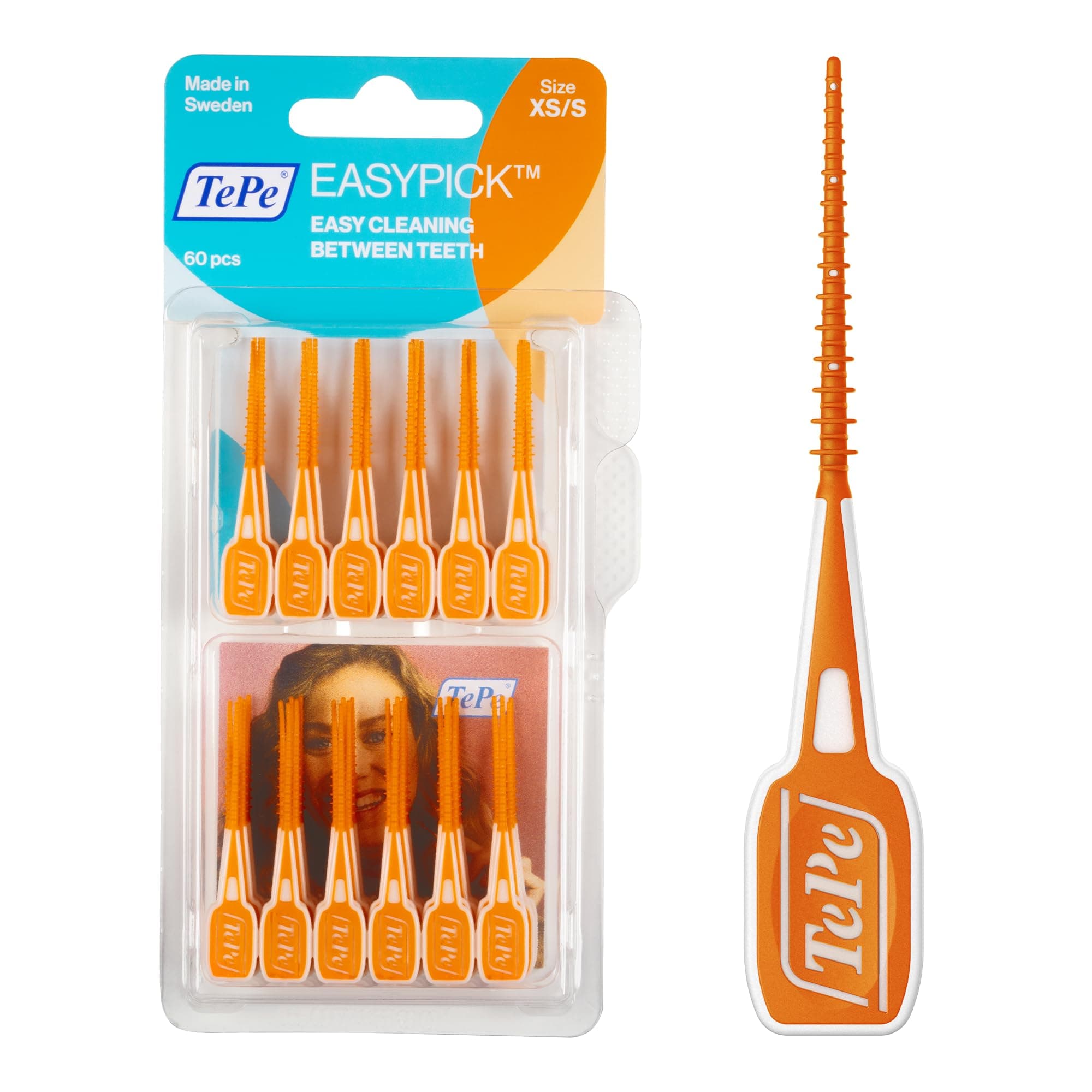 TePe EasyPick Toothpicks, Orange, ISO XS-S, 60pcs, Dental Plaque Removal Tool, efficient and Easy Cleaning Between The Teeth, toothpicks for Narrow Gaps
