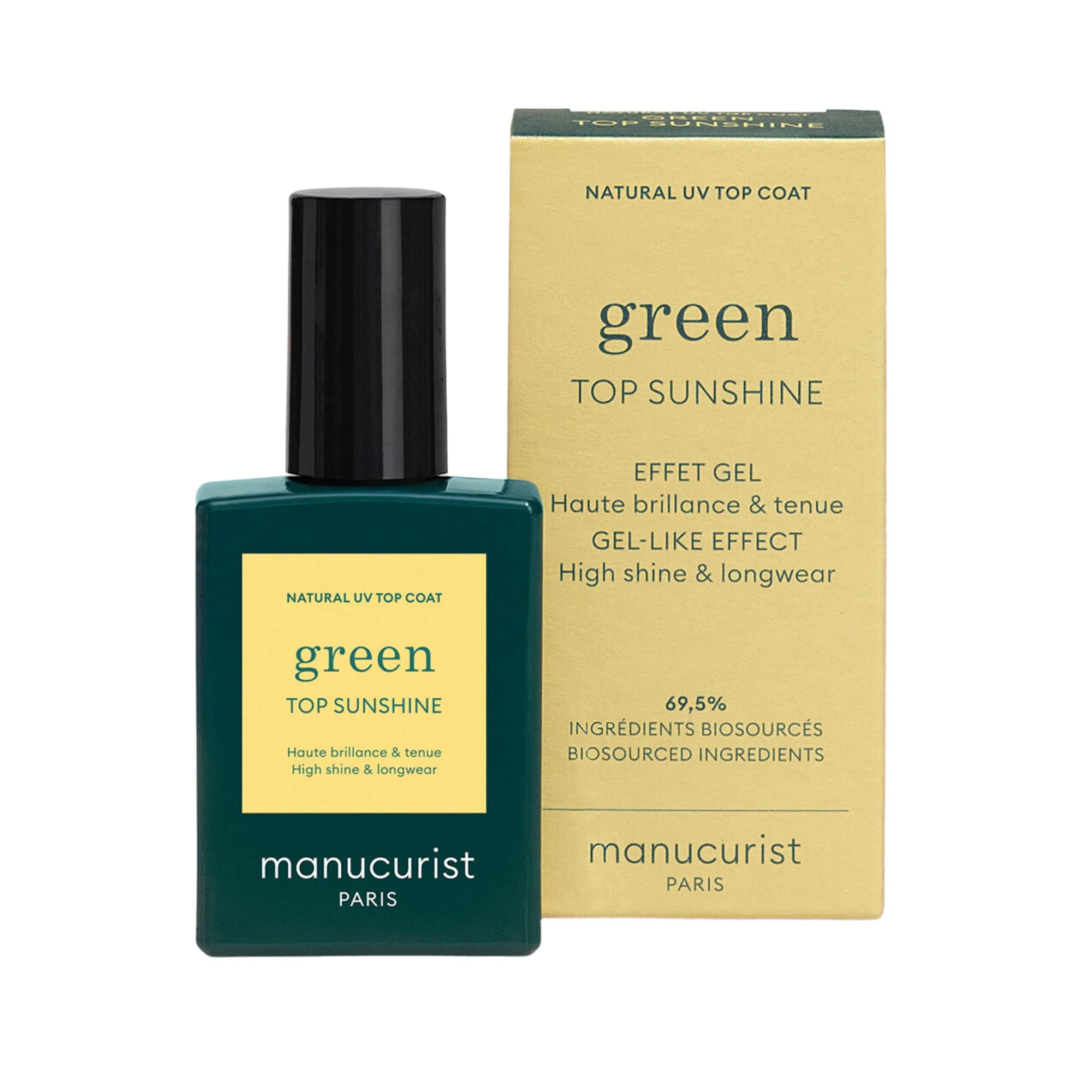 MANUCURIST • Green Sunshine Top Coat • Vegan Top Coat • 12-Free • Plant-Based Ingredients (69%) • Made in France • 15 ml