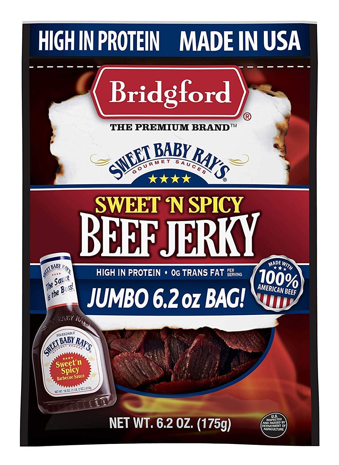 Bridgford Sweet Baby Ray's High Protein Beef Jerky, Low Carb Snack, Low Calorie, Keto Friendly, Sweet N Spicy Flavor, 6.2 Oz, (Pack of 1)