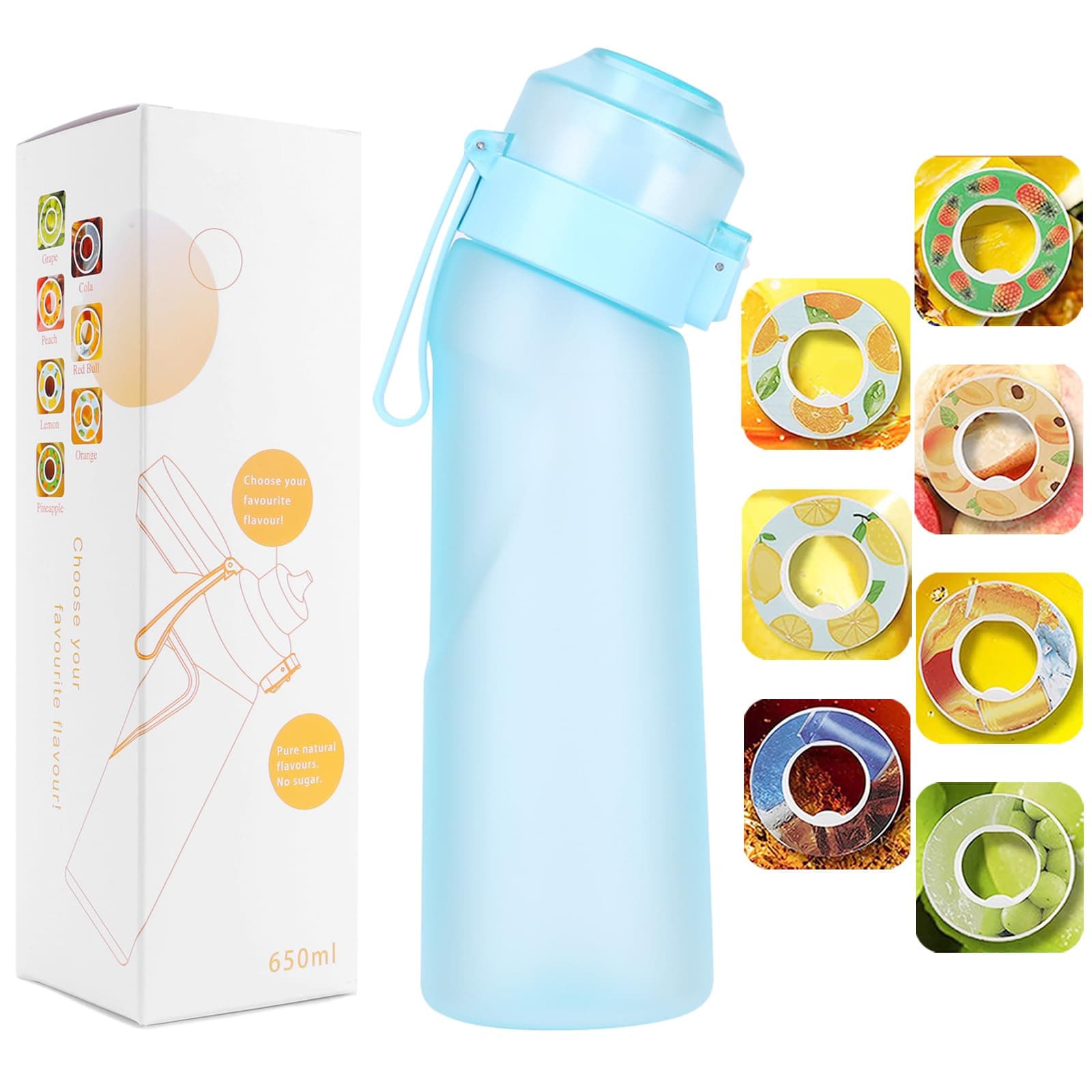 Orgonite Air Water Bottle Starter Set, 650ml Sports Alr Up BPA Free With Straw, Drinking Bottles 1 Peach Flavour Pods Scented 0 Sugar Fruit Fragrance Cup for Outdoor Gym, matte blue+1 flavor pod