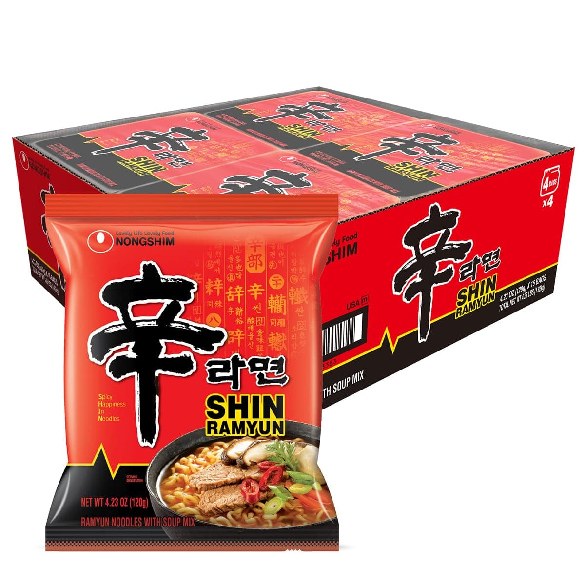 Shin Ramyun Noodles, Spicy Korean Signature Instant Ramyun, Rich Beef Flavored Broth, Microwaveable, Korean Instant Noodles, 4.23 oz (Pack of 16), Packaging May Vary
