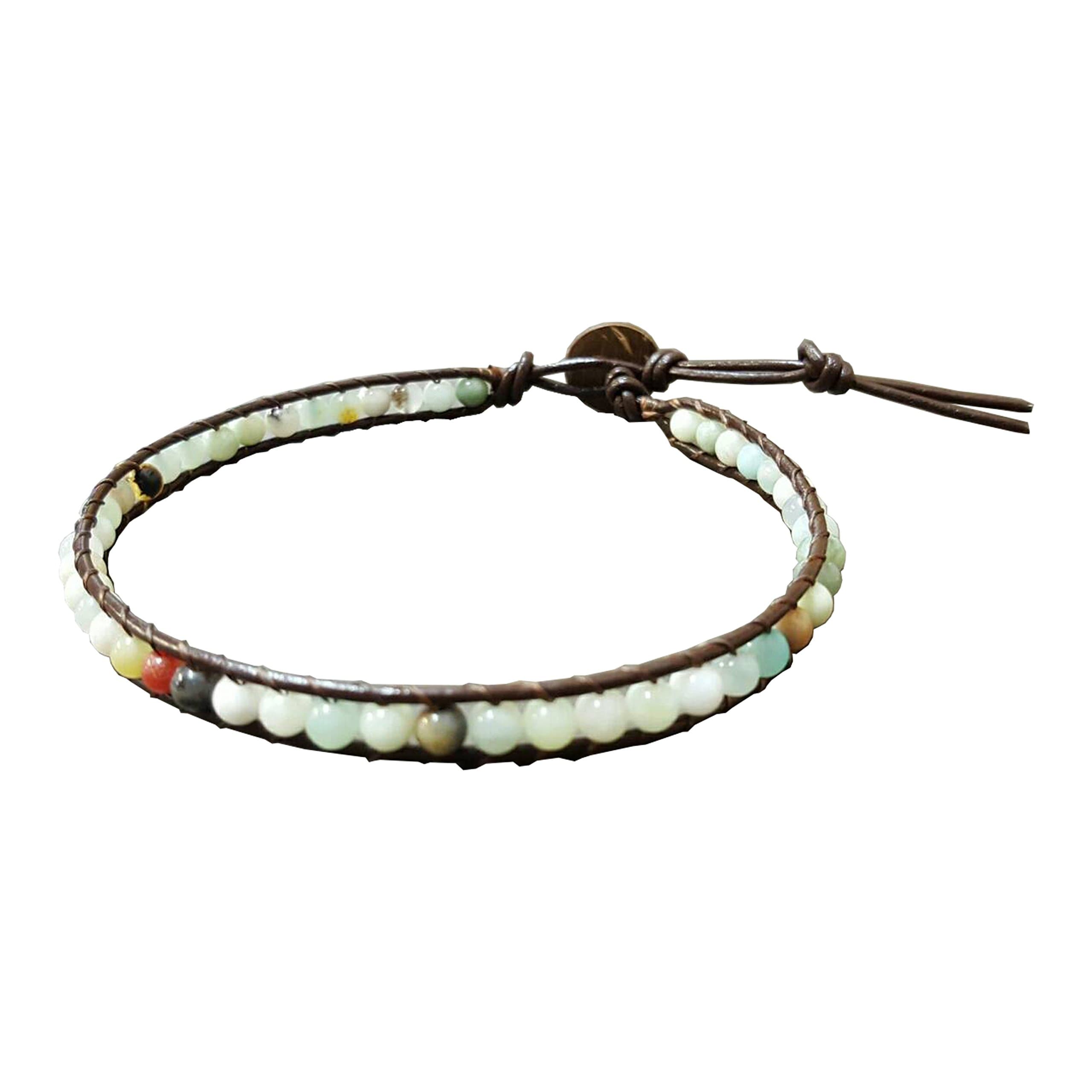 Infinityee888 Amazonite Bead Anklet 10 Inches Ankle Bracelet Woven with Leather Cord Handmade Hippie Bohemian Unisex Style Gift Idea for Men and Women