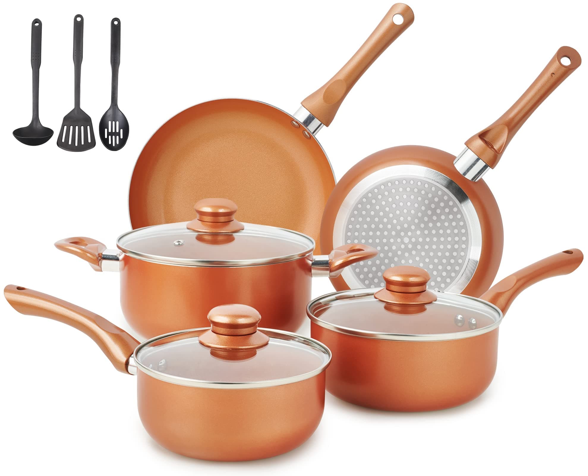 Pots and Pans Set Ultra Nonstick, Pre-Installed 11pcs Cookware Set Copper with Ceramic Coating, Stay cool handle & Nylon Kitchen Utensils, Gas/Induction Compatible, 100% PFOA Free