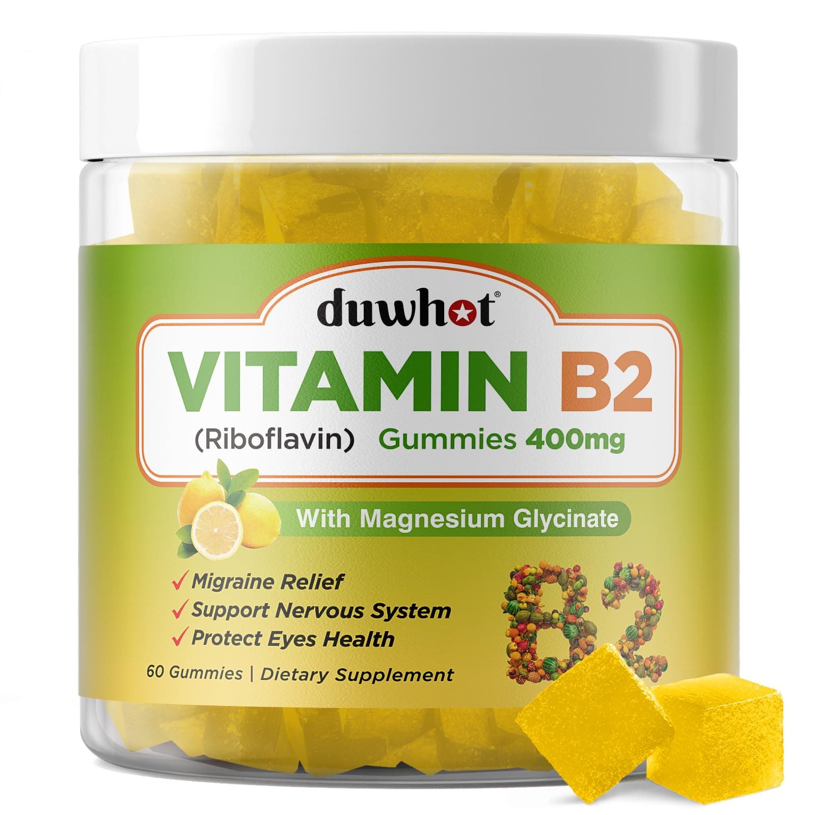 Vitamin B2 Gummies with Magnesium- Riboflavin 400mg for Migraine Relief & Headache Relief, B2 Vitamins Gummies for Adults & Kids, Vegan, 60 Chewable