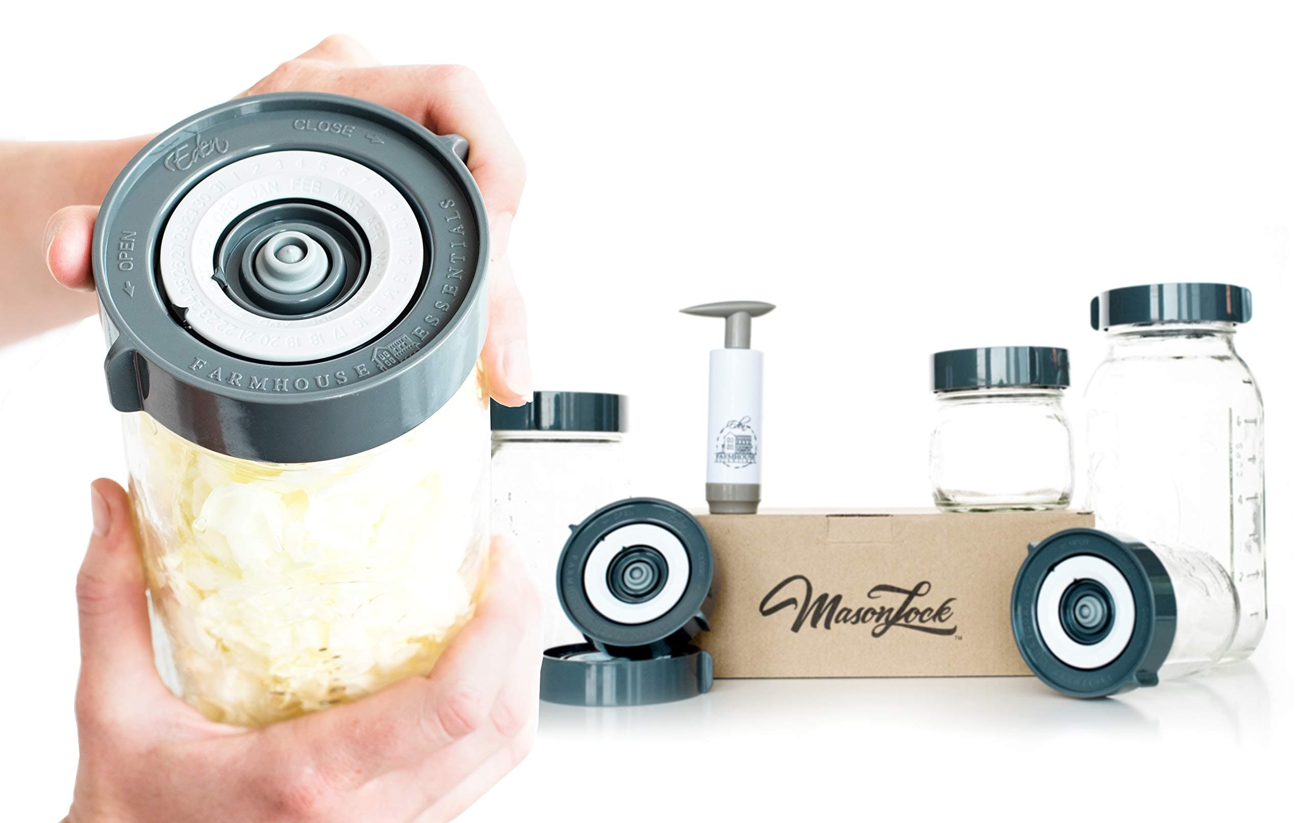 Premium Easy Wide-Mouth Fermenting Kit: Waterless Airlock Fermenter Lids Set with Day & Month Tracker, Pump, Guide. Ferment Sauerkraut, Pickles, Probiotics. Time Saver (Barnwood Gray, 6 Pack)