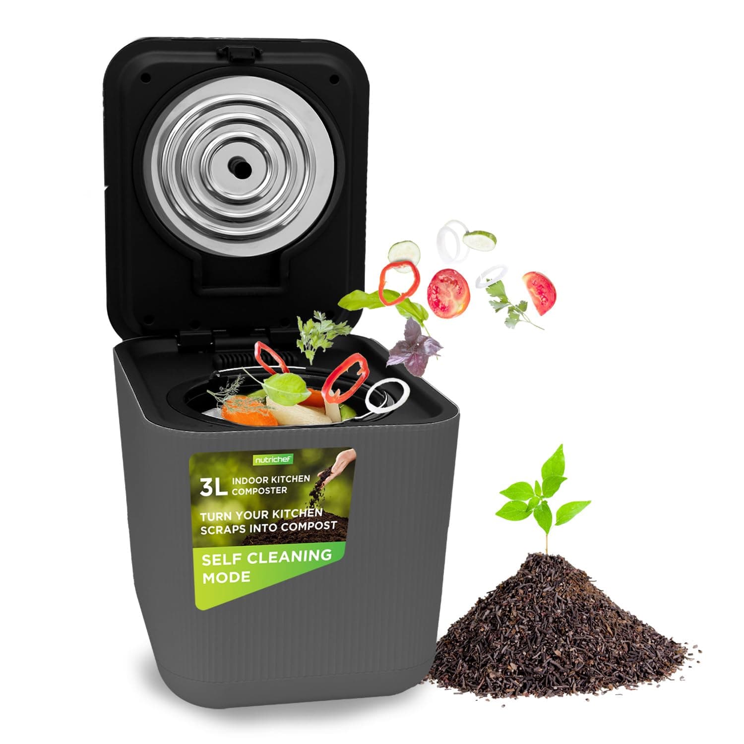 Nutrichef 3L Electric Kitchen Composter - Compost’s Organic Material & Food Scraps | Countertop Automatic Compost Bin | Dry, Crush, & Cooling Functions | Perfect for Kitchens & Apartments | Grey