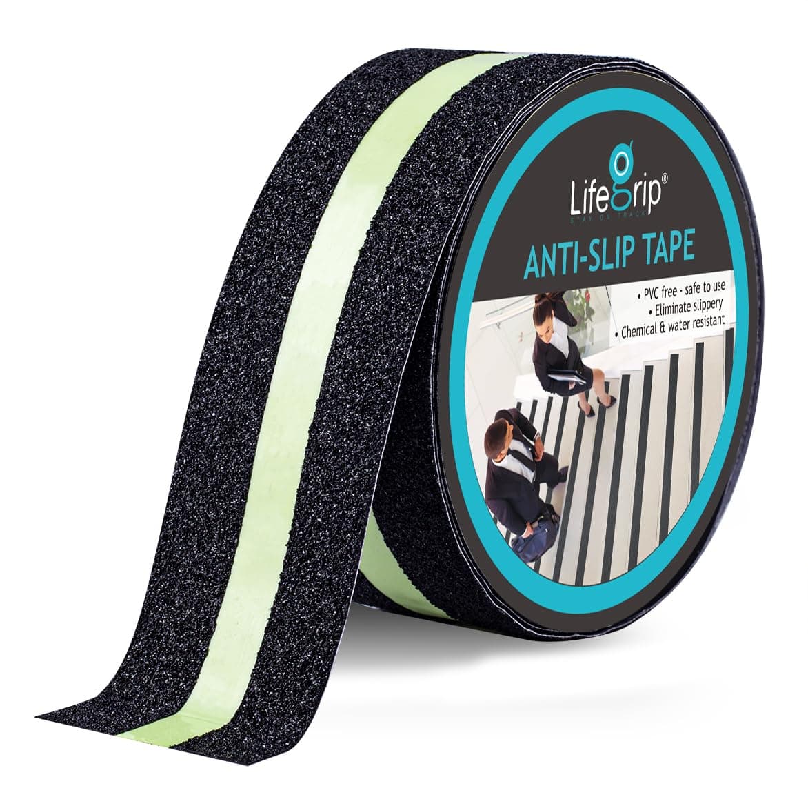 LifeGrip Anti Slip Traction Tape with Glow in Dark Green Stripe, 2 Inch x 15 Feet - Best Grip Tape, Friction, Abrasive Adhesive for Stairs, Tread Step, Indoor and Outdoor, Black (2" X 15')