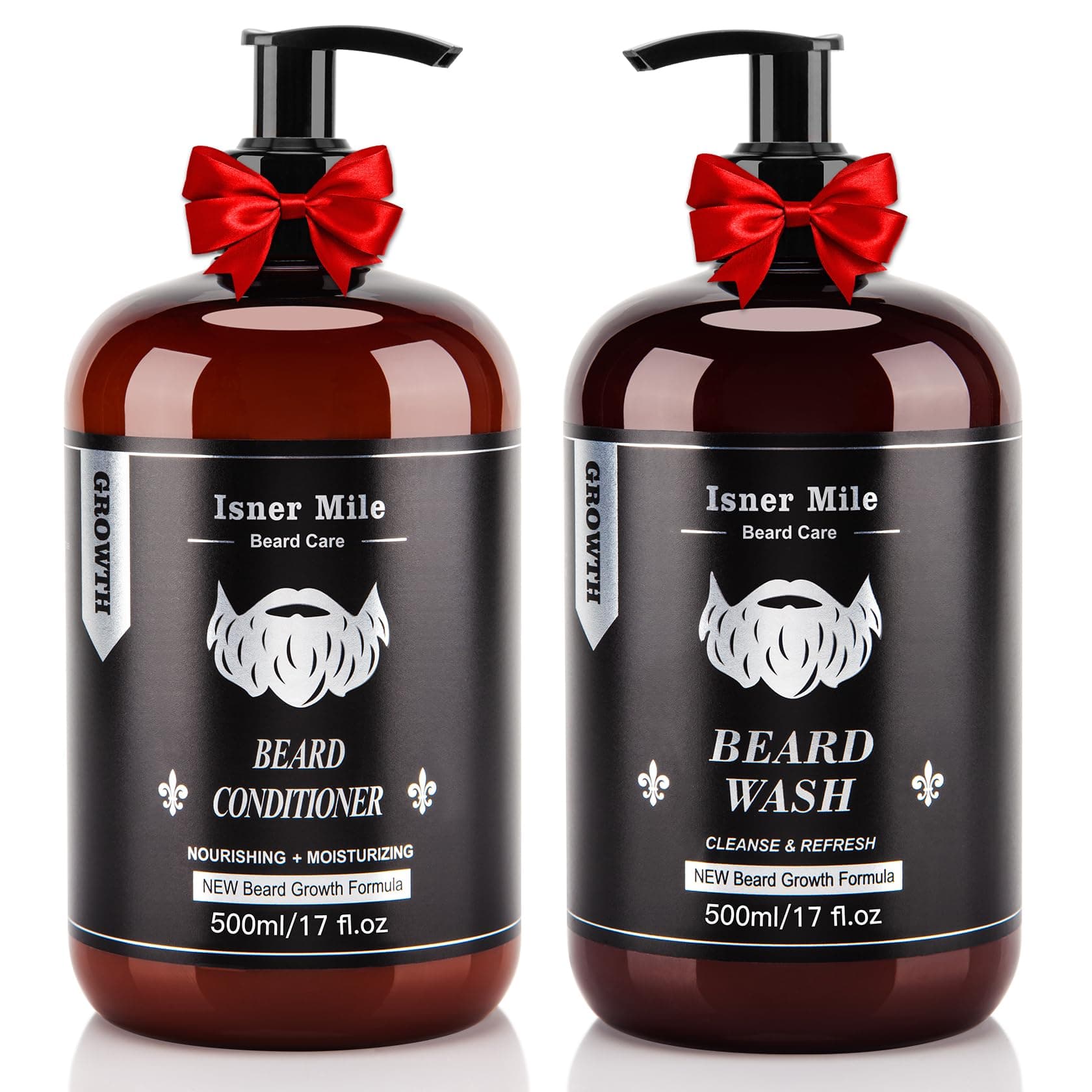 ISNER MILE Beard Wash and Conditioner Set (Large 17 oz each), New Beard Growth Formula with Biotin Argan & Jojoba Oils, Smooth Soften Strengthen, Beard Shampoo w/Beard Oil Conditioner Gifts for Men