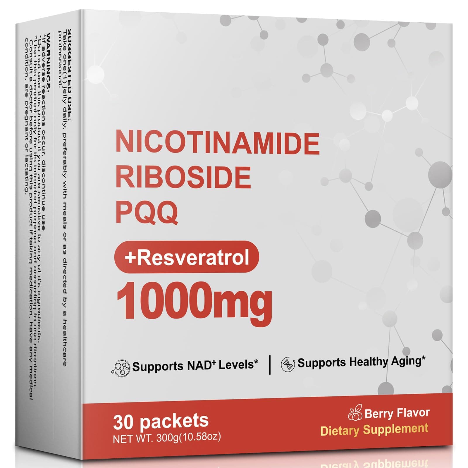 NAD Supplement 1000mg, NAD Nicotinamide Riboside Resveratrol Supplements with PQQ, Extra Strength NMN Alternative for Women & Men, NAD+ Berry Flavor Sticks For Anti-Aging, Energy, Focus - 30 Packets